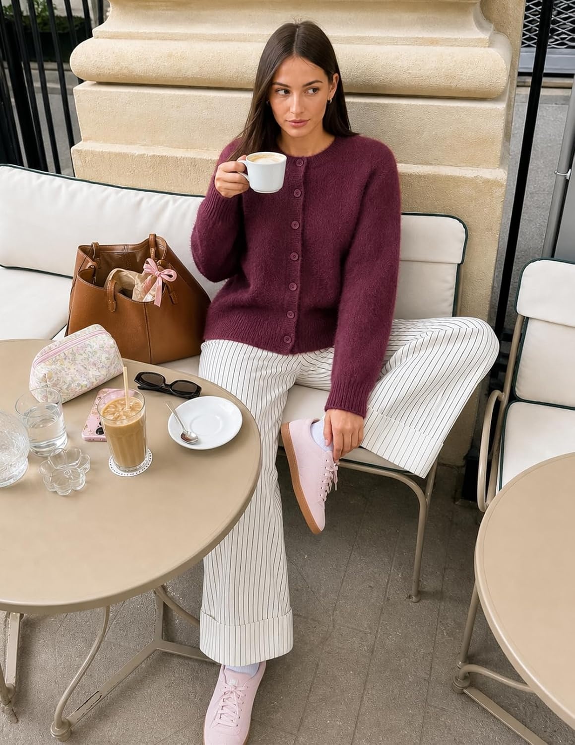 image:imageMEROKEETY Womens Fall Long Sleeve Button Fuzzy Cardigan Sweater Open Front Crew Neck Knit Cozy 2026 Winter Relaxed Fit Drop Shoulder Stretchy and Soft Slightly Cropped Hem TrendyBurgundy