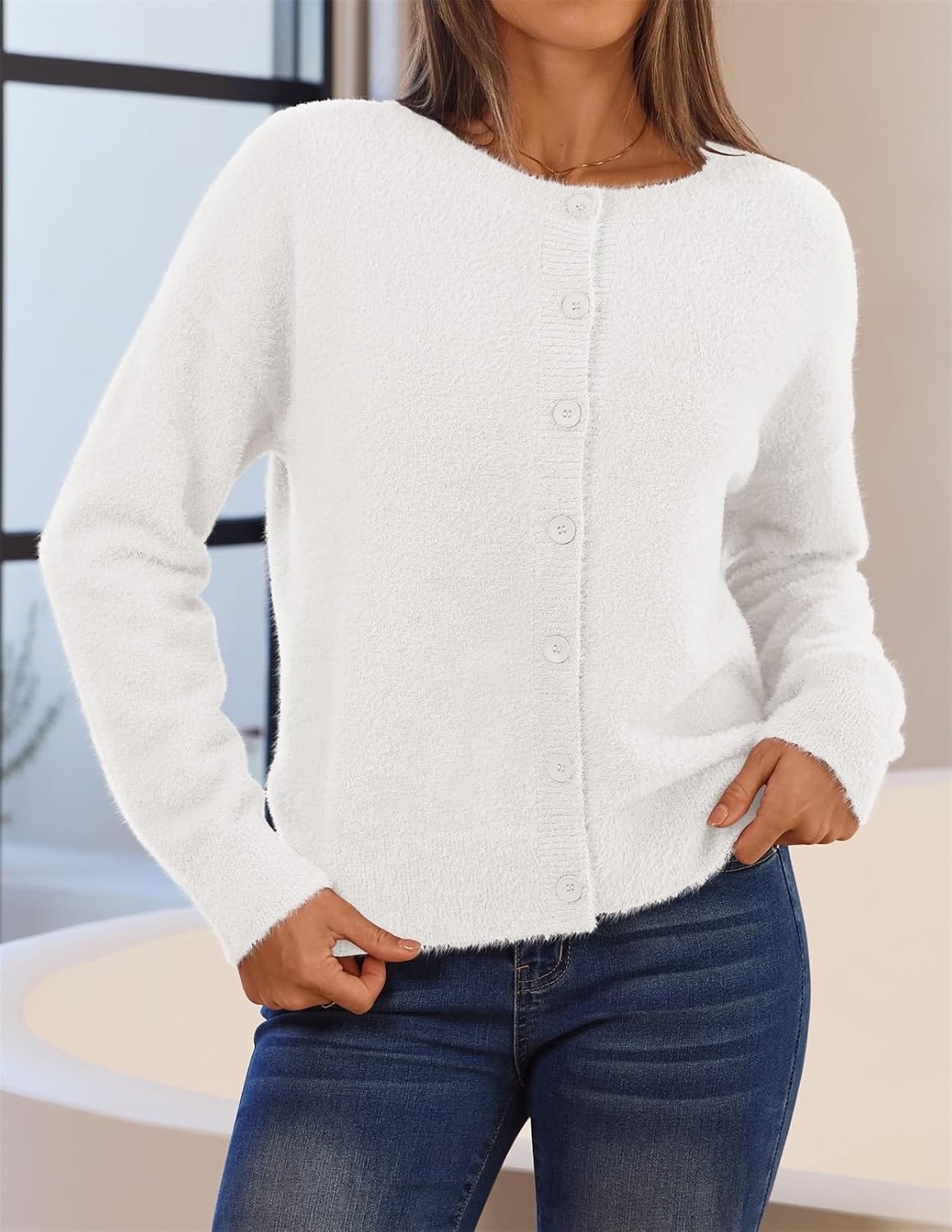image:imageMEROKEETY Womens Fall Long Sleeve Button Fuzzy Cardigan Sweater Open Front Crew Neck Knit Cozy 2026 Winter Relaxed Fit Drop Shoulder Stretchy and Soft Slightly Cropped Hem TrendyWhite
