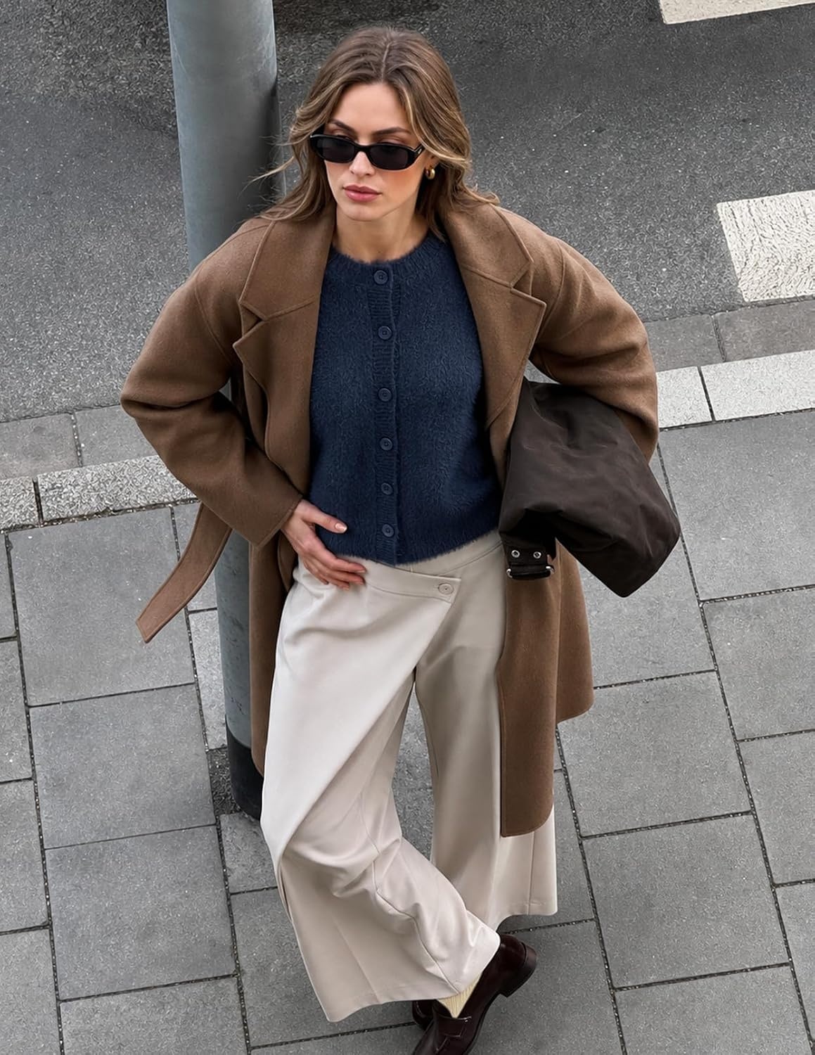 image:imageMEROKEETY Womens Fall Long Sleeve Button Fuzzy Cardigan Sweater Open Front Crew Neck Knit Cozy 2026 Winter Relaxed Fit Drop Shoulder Stretchy and Soft Slightly Cropped Hem TrendyNavy