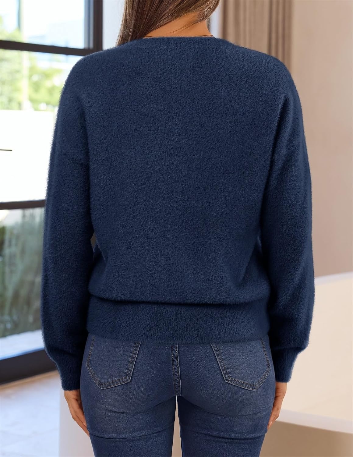 image:imageMEROKEETY Womens Fall Long Sleeve Button Fuzzy Cardigan Sweater Open Front Crew Neck Knit Cozy 2026 Winter Relaxed Fit Drop Shoulder Stretchy and Soft Slightly Cropped Hem TrendyNavy