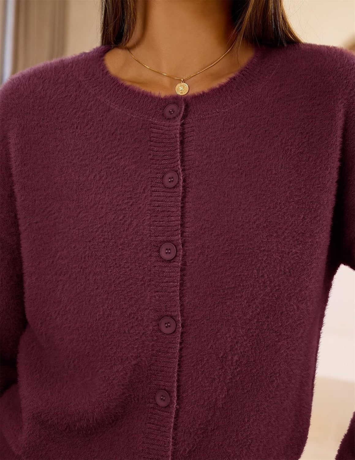 image:imageMEROKEETY Womens Fall Long Sleeve Button Fuzzy Cardigan Sweater Open Front Crew Neck Knit Cozy 2026 Winter Relaxed Fit Drop Shoulder Stretchy and Soft Slightly Cropped Hem TrendyBurgundy