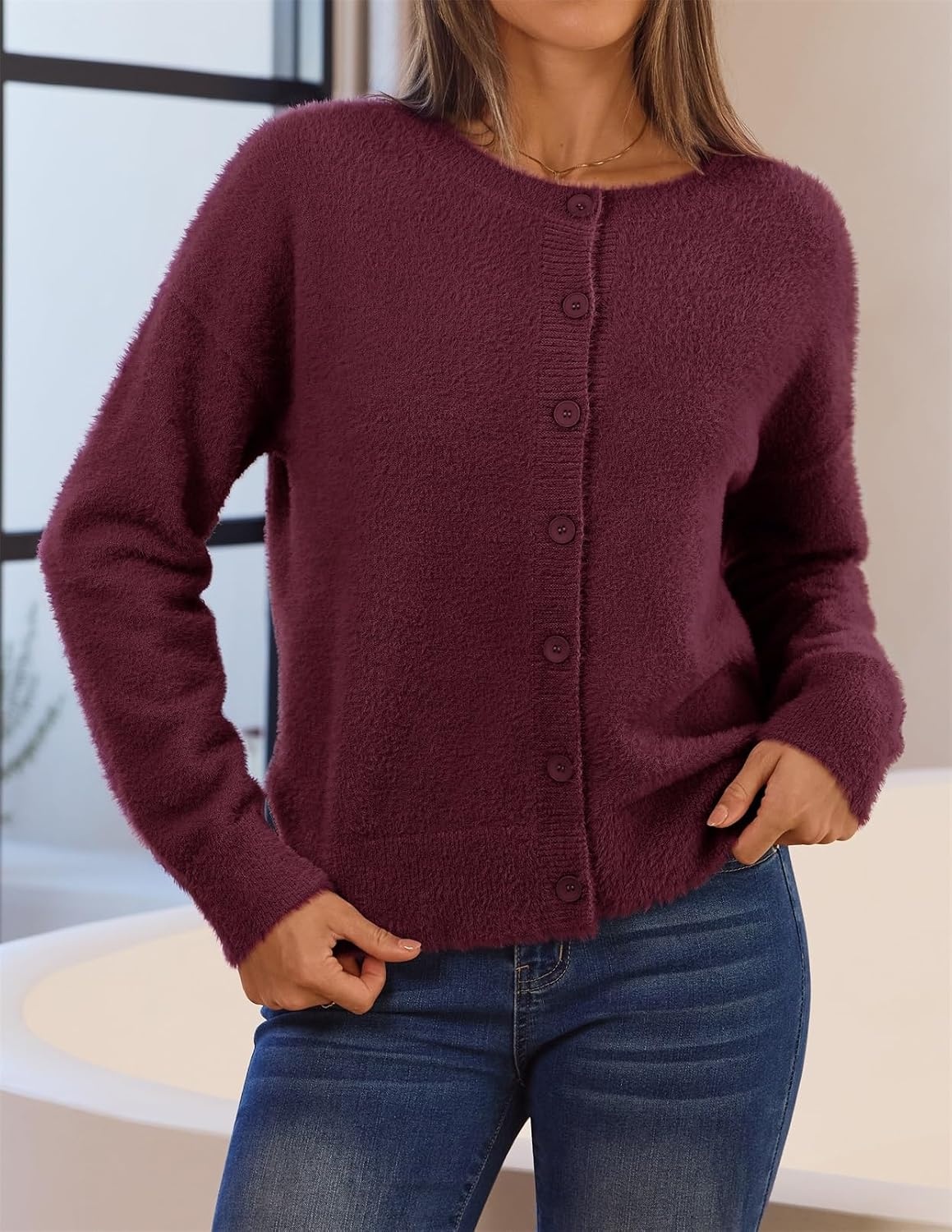 image:imageMEROKEETY Womens Fall Long Sleeve Button Fuzzy Cardigan Sweater Open Front Crew Neck Knit Cozy 2026 Winter Relaxed Fit Drop Shoulder Stretchy and Soft Slightly Cropped Hem TrendyBurgundy