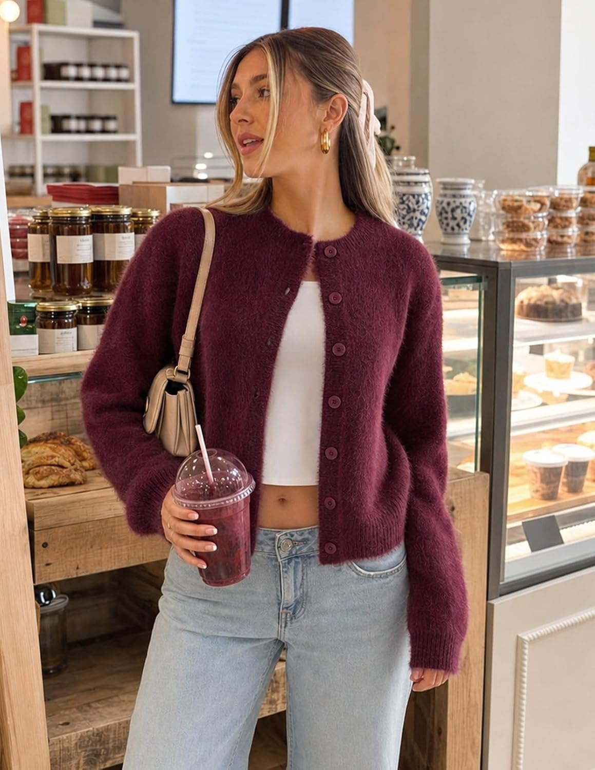 image:imageMEROKEETY Womens Fall Long Sleeve Button Fuzzy Cardigan Sweater Open Front Crew Neck Knit Cozy 2026 Winter Relaxed Fit Drop Shoulder Stretchy and Soft Slightly Cropped Hem TrendyBurgundy