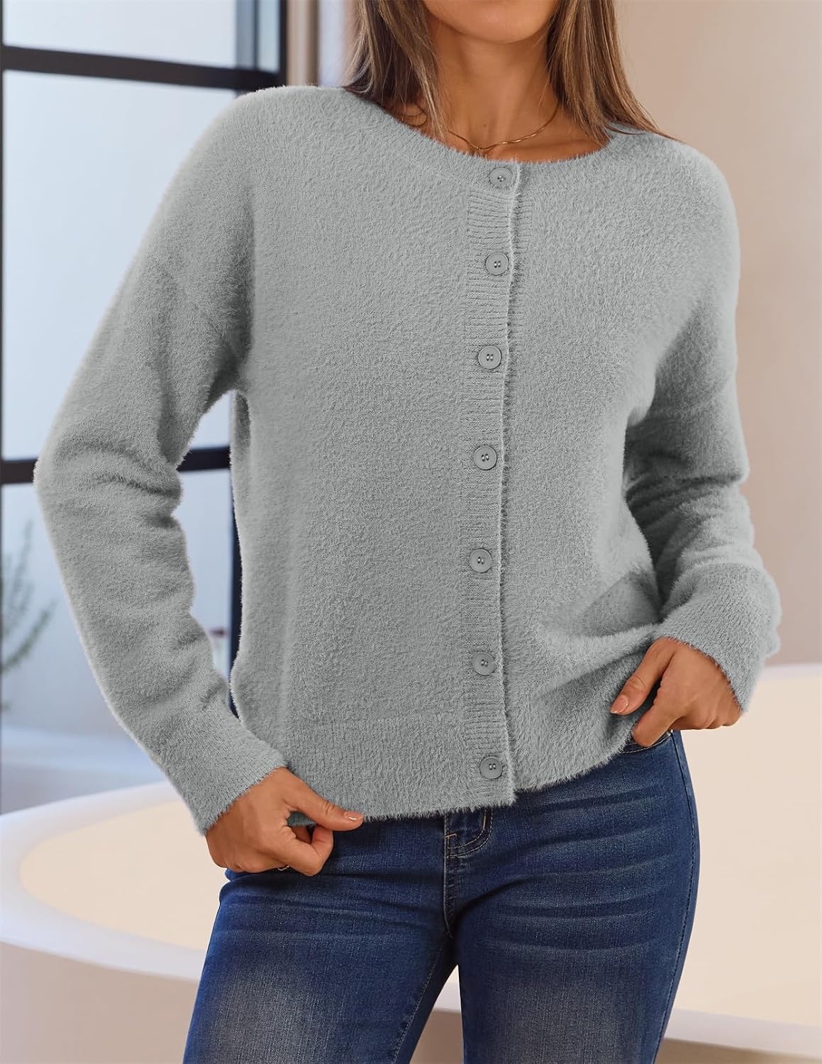 image:imageMEROKEETY Womens Fall Long Sleeve Button Fuzzy Cardigan Sweater Open Front Crew Neck Knit Cozy 2026 Winter Relaxed Fit Drop Shoulder Stretchy and Soft Slightly Cropped Hem TrendyGrey