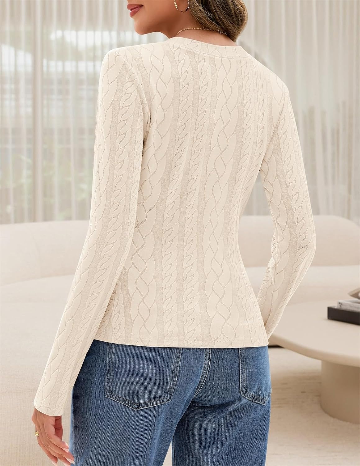 image:imageMEROKEETY Womens Fall Long Sleeve V Neck Top Trendy TShirt Business Casual Textured Cable Pattern Fitted Lightweight Stretchy Dressy Casual Basic Layering Blouse Work Office Shirt Going Out TopApricot
