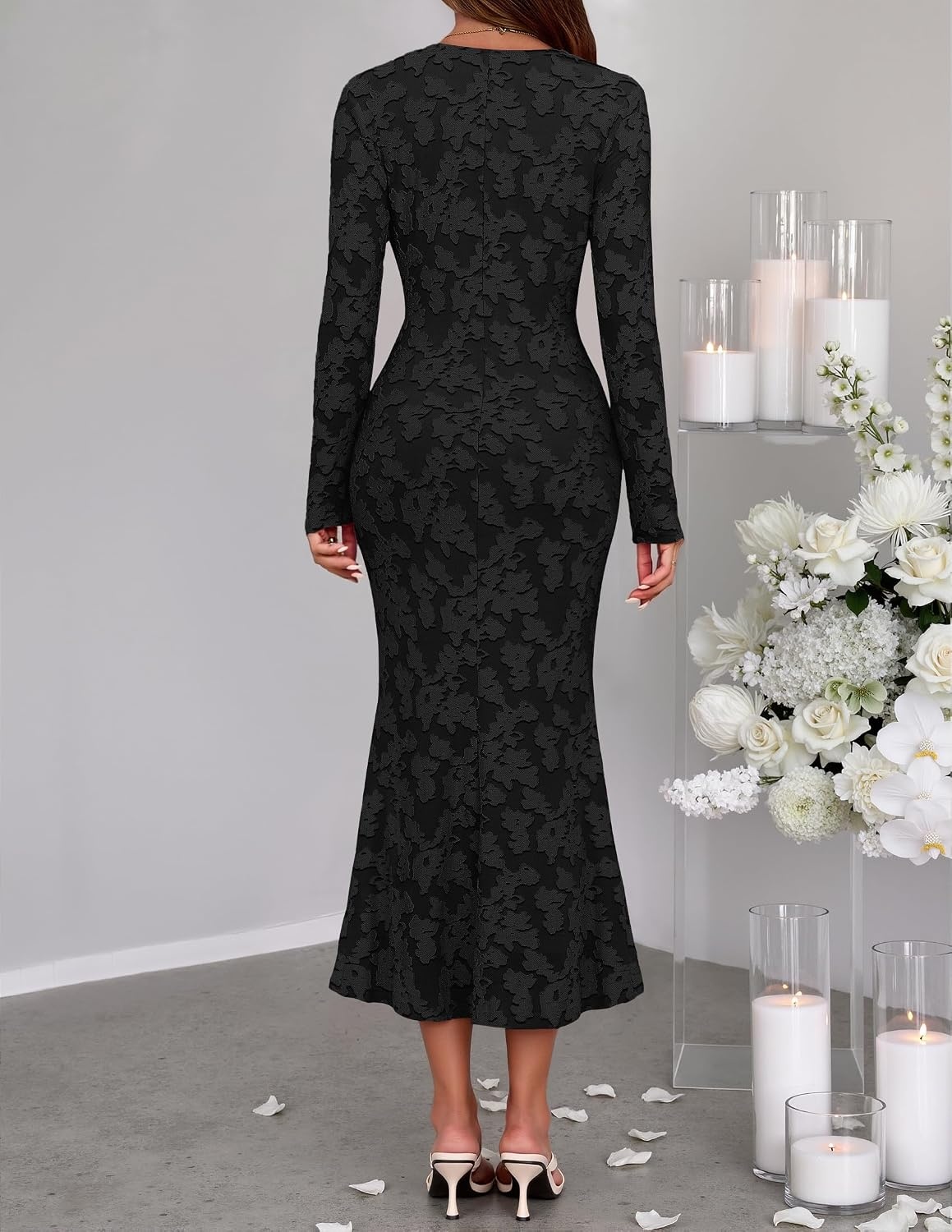 image:imageMEROKEETY Womens Fall Long Sleeve Wrap V Neck Floral Maxi Dress 2026 Snap Button Slim Fit Ruched Waist Bodycon Ruffle Hem Lined Wedding Guest Cocktail Party Formal Winter Long DressesBlack
