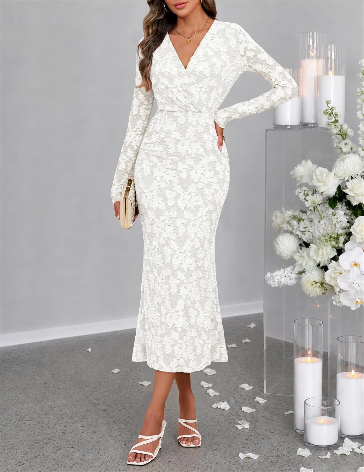 image:imageMEROKEETY Womens Fall Long Sleeve Wrap V Neck Floral Maxi Dress 2026 Snap Button Slim Fit Ruched Waist Bodycon Ruffle Hem Lined Wedding Guest Cocktail Party Formal Winter Long DressesWhite
