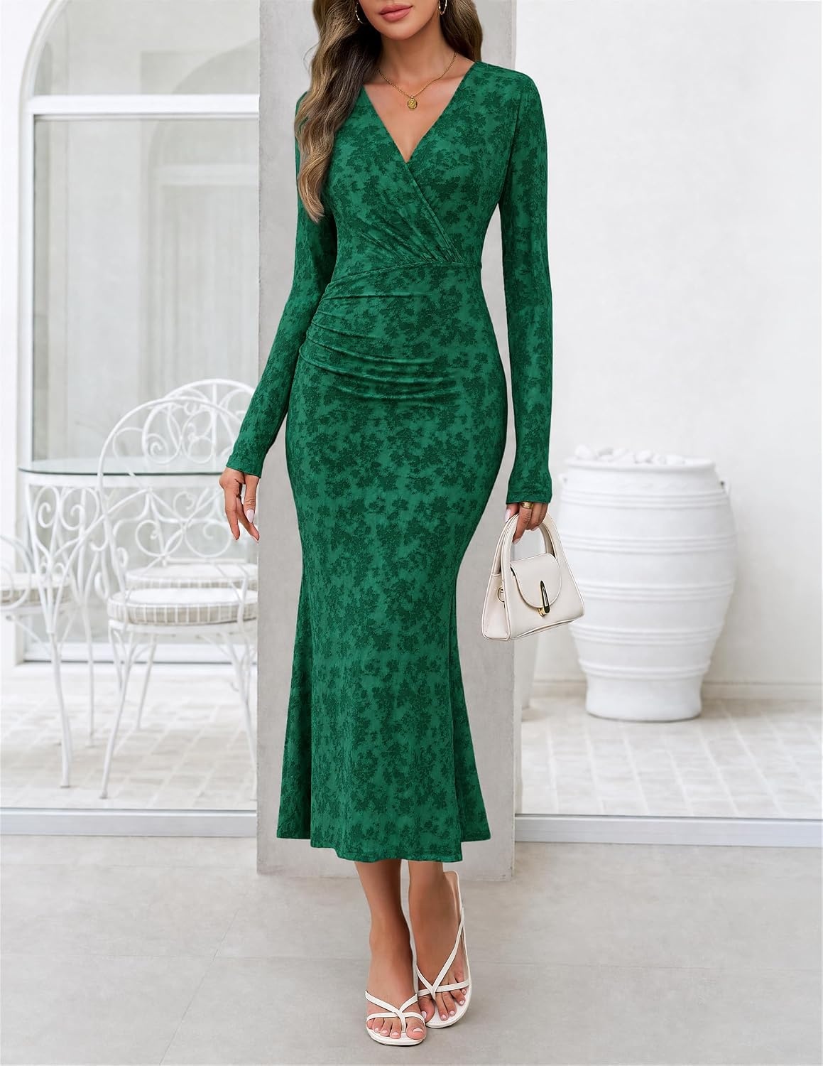 image:imageMEROKEETY Womens Fall Long Sleeve Wrap V Neck Floral Maxi Dress 2026 Snap Button Slim Fit Ruched Waist Bodycon Ruffle Hem Lined Wedding Guest Cocktail Party Formal Winter Long DressesGreen