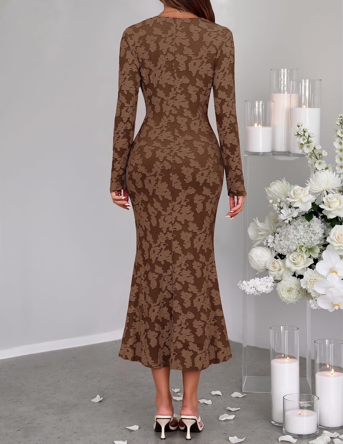 image:imageMEROKEETY Womens Fall Long Sleeve Wrap V Neck Floral Maxi Dress 2026 Snap Button Slim Fit Ruched Waist Bodycon Ruffle Hem Lined Wedding Guest Cocktail Party Formal Winter Long DressesBrown