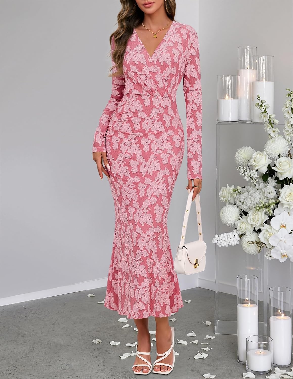 image:imageMEROKEETY Womens Fall Long Sleeve Wrap V Neck Floral Maxi Dress 2026 Snap Button Slim Fit Ruched Waist Bodycon Ruffle Hem Lined Wedding Guest Cocktail Party Formal Winter Long DressesPink