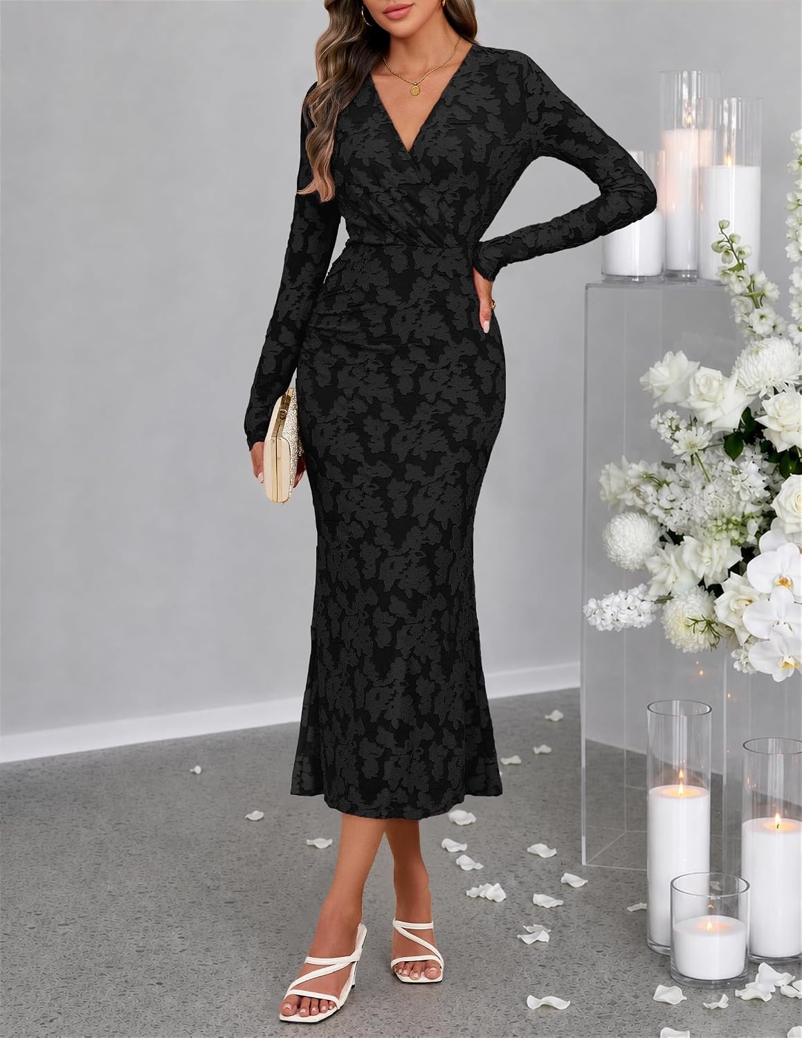 image:imageMEROKEETY Womens Fall Long Sleeve Wrap V Neck Floral Maxi Dress 2026 Snap Button Slim Fit Ruched Waist Bodycon Ruffle Hem Lined Wedding Guest Cocktail Party Formal Winter Long DressesBlack