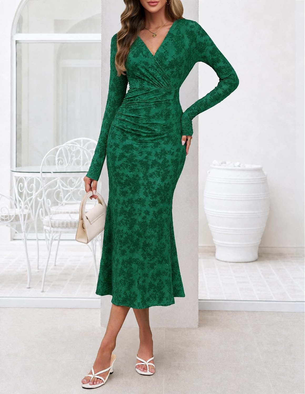 image:imageMEROKEETY Womens Fall Long Sleeve Wrap V Neck Floral Maxi Dress 2026 Snap Button Slim Fit Ruched Waist Bodycon Ruffle Hem Lined Wedding Guest Cocktail Party Formal Winter Long DressesGreen