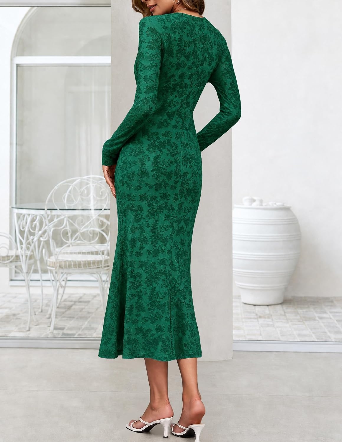 image:imageMEROKEETY Womens Fall Long Sleeve Wrap V Neck Floral Maxi Dress 2026 Snap Button Slim Fit Ruched Waist Bodycon Ruffle Hem Lined Wedding Guest Cocktail Party Formal Winter Long DressesGreen