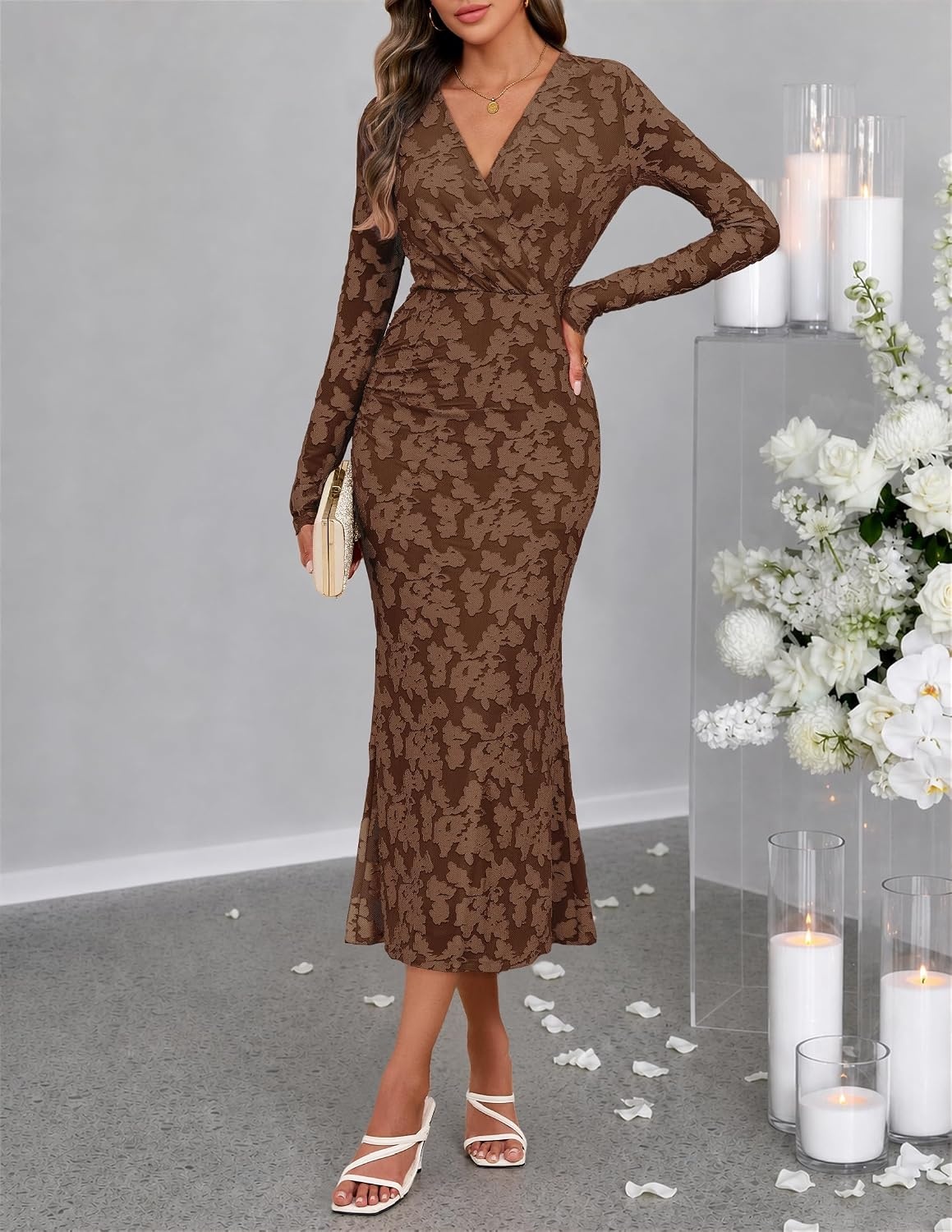 image:imageMEROKEETY Womens Fall Long Sleeve Wrap V Neck Floral Maxi Dress 2026 Snap Button Slim Fit Ruched Waist Bodycon Ruffle Hem Lined Wedding Guest Cocktail Party Formal Winter Long DressesBrown