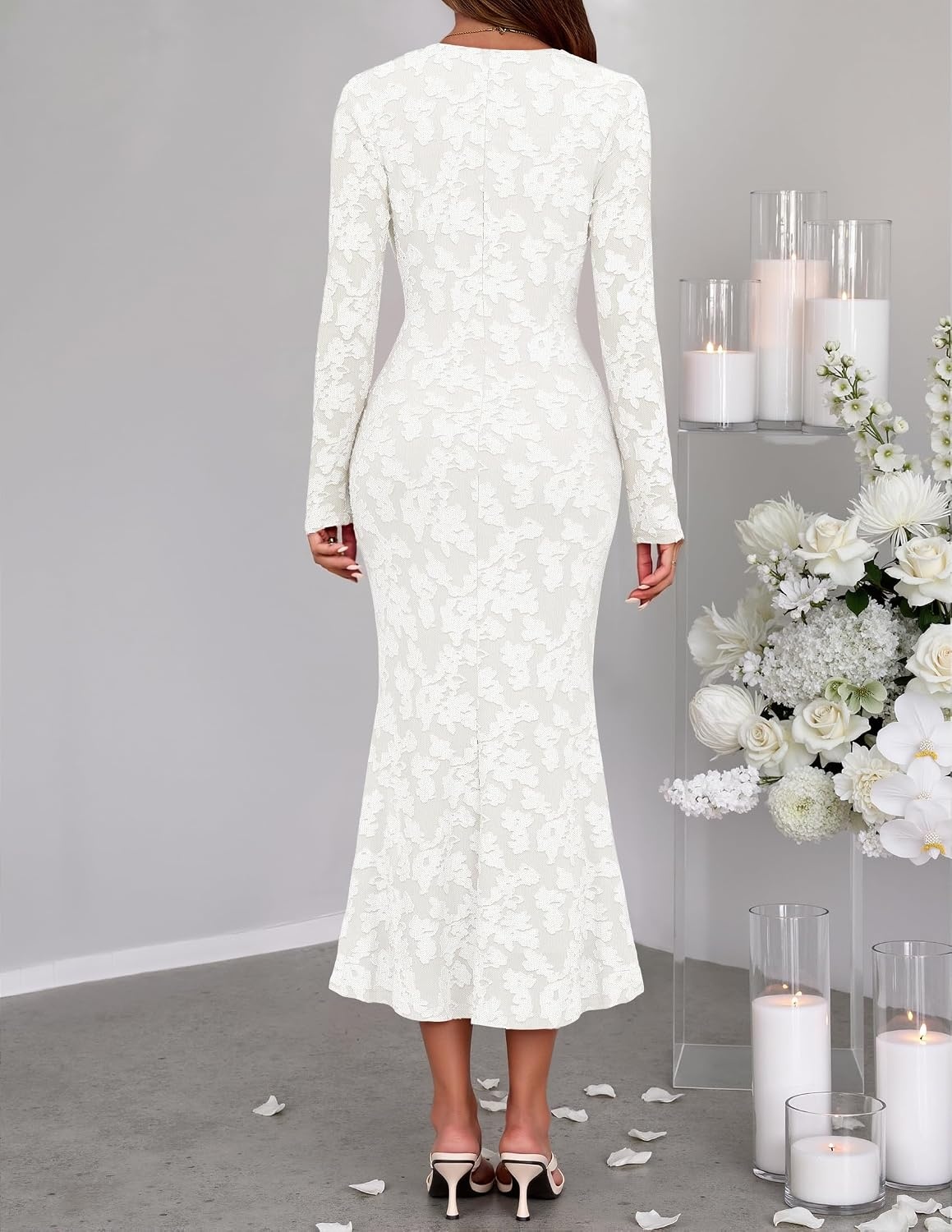 image:imageMEROKEETY Womens Fall Long Sleeve Wrap V Neck Floral Maxi Dress 2026 Snap Button Slim Fit Ruched Waist Bodycon Ruffle Hem Lined Wedding Guest Cocktail Party Formal Winter Long DressesWhite