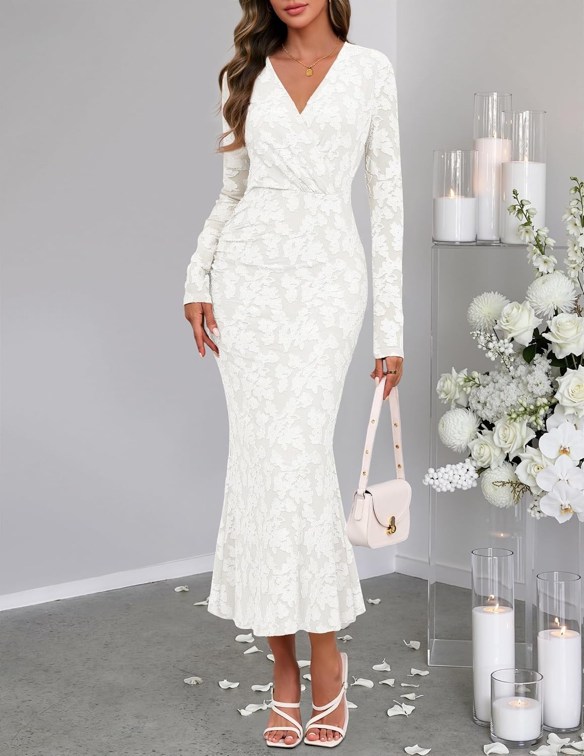 image:imageMEROKEETY Womens Fall Long Sleeve Wrap V Neck Floral Maxi Dress 2026 Snap Button Slim Fit Ruched Waist Bodycon Ruffle Hem Lined Wedding Guest Cocktail Party Formal Winter Long DressesWhite