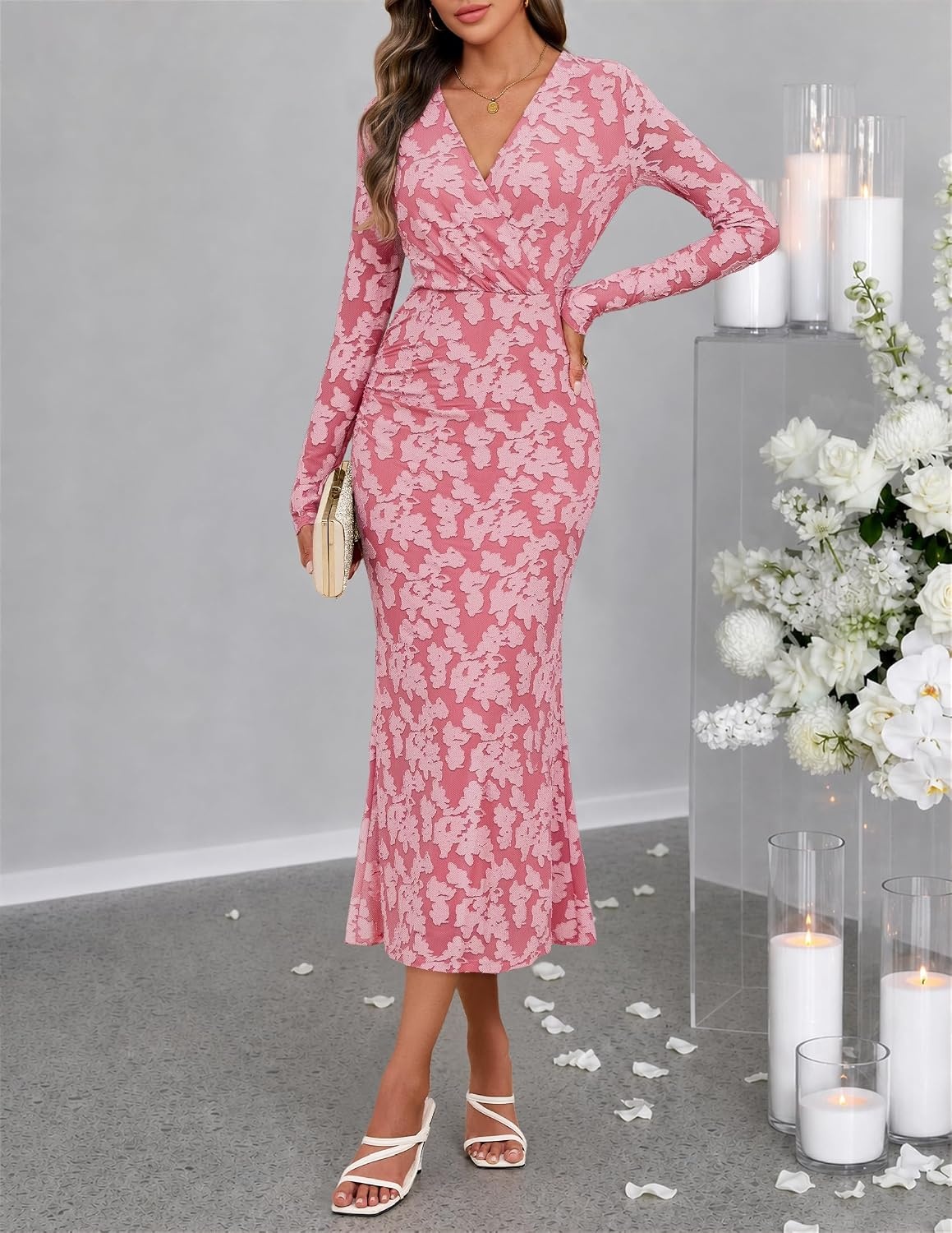 image:imageMEROKEETY Womens Fall Long Sleeve Wrap V Neck Floral Maxi Dress 2026 Snap Button Slim Fit Ruched Waist Bodycon Ruffle Hem Lined Wedding Guest Cocktail Party Formal Winter Long DressesPink