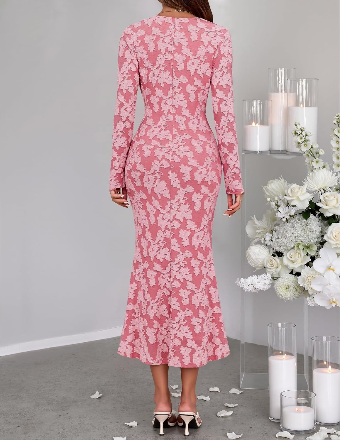 image:imageMEROKEETY Womens Fall Long Sleeve Wrap V Neck Floral Maxi Dress 2026 Snap Button Slim Fit Ruched Waist Bodycon Ruffle Hem Lined Wedding Guest Cocktail Party Formal Winter Long DressesPink