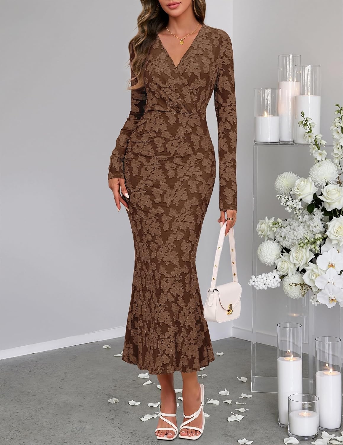 image:imageMEROKEETY Womens Fall Long Sleeve Wrap V Neck Floral Maxi Dress 2026 Snap Button Slim Fit Ruched Waist Bodycon Ruffle Hem Lined Wedding Guest Cocktail Party Formal Winter Long DressesBrown