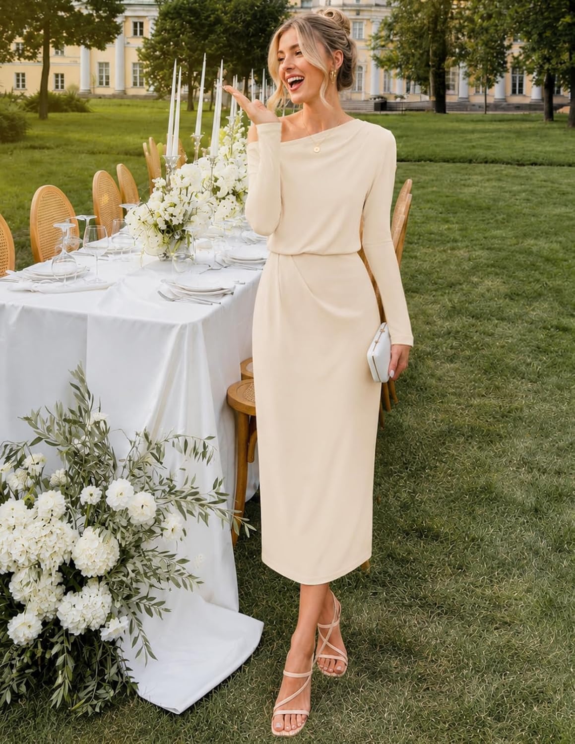 image:imageMEROKEETY Womens Fall Off Shoulder Long Sleeve Wedding Guest Midi Dress Fitted Ruched Waist Baby Shower Bridesmaid Date Night Modest Elegant Business Casual 2026 Formal Dress Winter OutfitsApricot