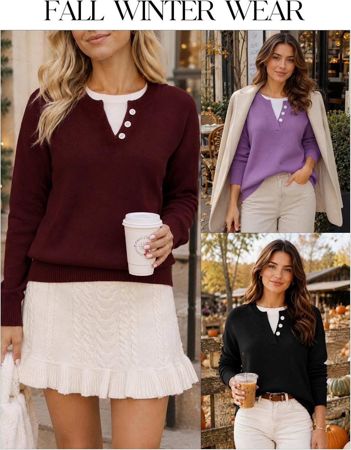 image:imageMEROKEETY Womens Fall Oversized Pullover Sweater Layered Neck Henley Tops Crew Neck Buttoned V Neck 2 in 1 2026 Winter Long Sleeves Color Block Soft Warm Ribbed Hem Stylish Trendy FashionBurgundy