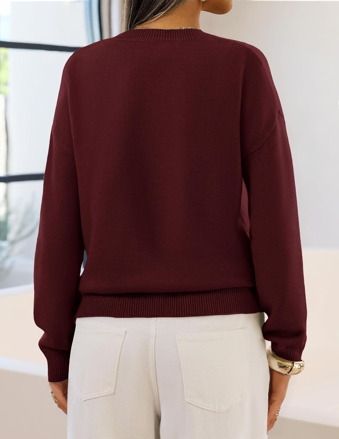 image:imageMEROKEETY Womens Fall Oversized Pullover Sweater Layered Neck Henley Tops Crew Neck Buttoned V Neck 2 in 1 2026 Winter Long Sleeves Color Block Soft Warm Ribbed Hem Stylish Trendy FashionBurgundy
