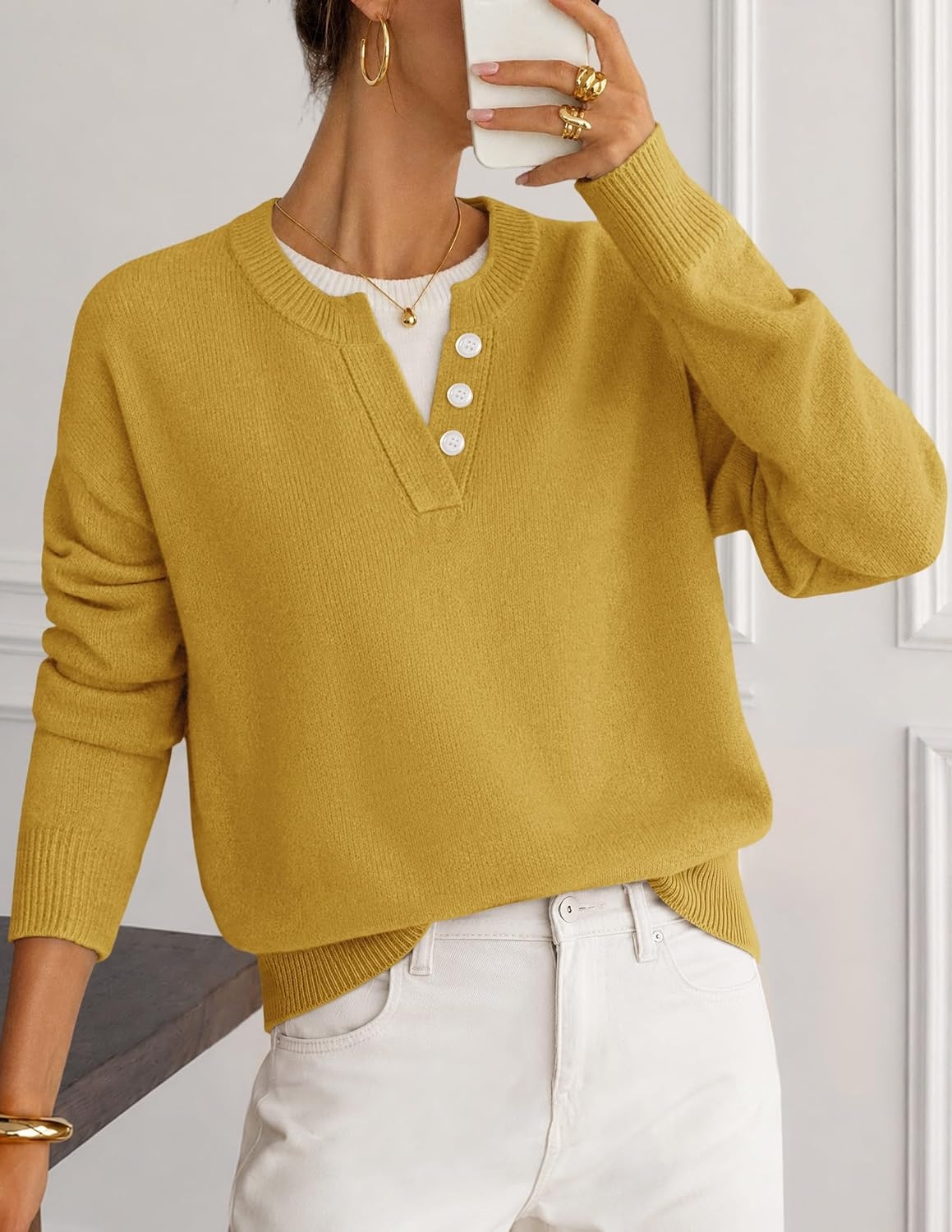 image:imageMEROKEETY Womens Fall Oversized Pullover Sweater Layered Neck Henley Tops Crew Neck Buttoned V Neck 2 in 1 2026 Winter Long Sleeves Color Block Soft Warm Ribbed Hem Stylish Trendy FashionTurmeric