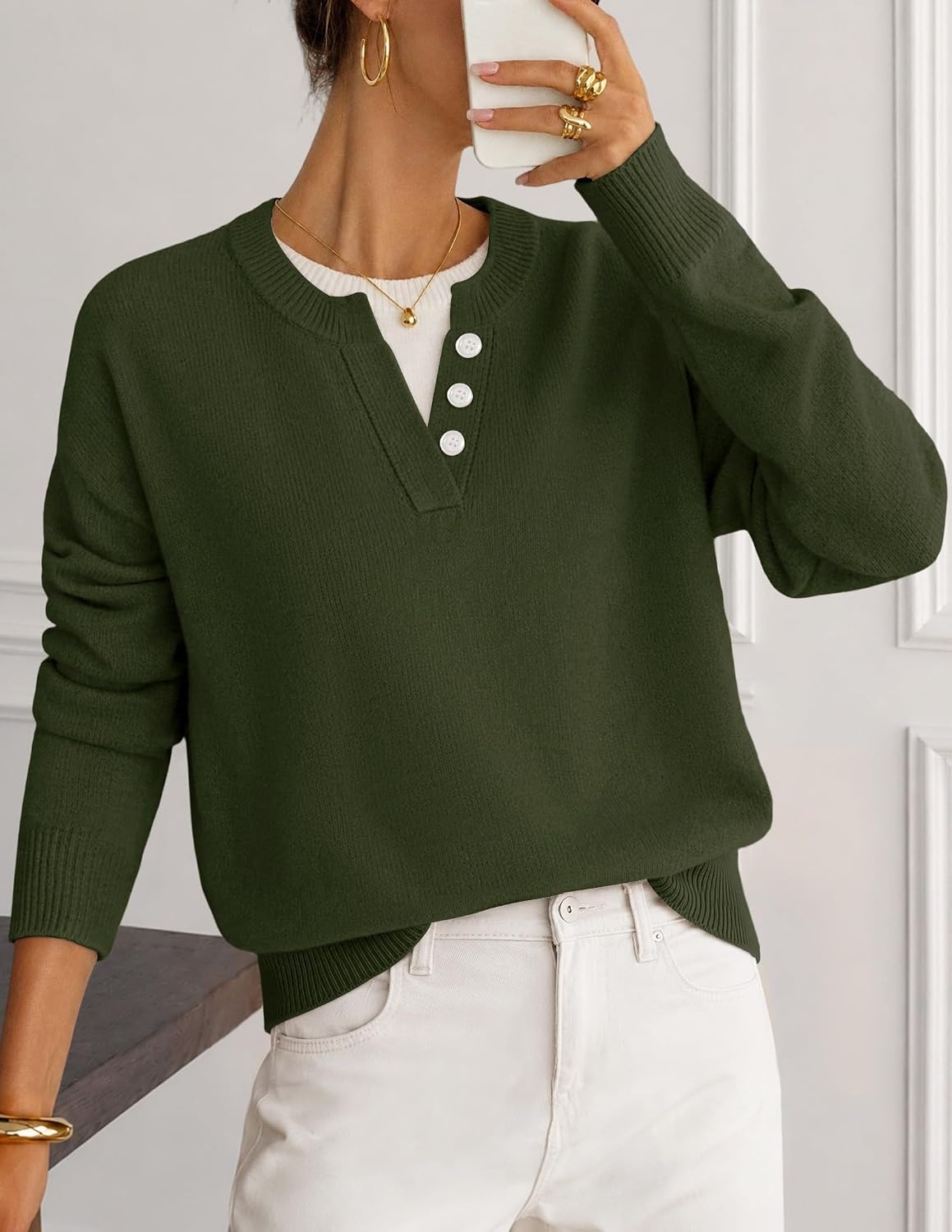 image:imageMEROKEETY Womens Fall Oversized Pullover Sweater Layered Neck Henley Tops Crew Neck Buttoned V Neck 2 in 1 2026 Winter Long Sleeves Color Block Soft Warm Ribbed Hem Stylish Trendy FashionArmygreen