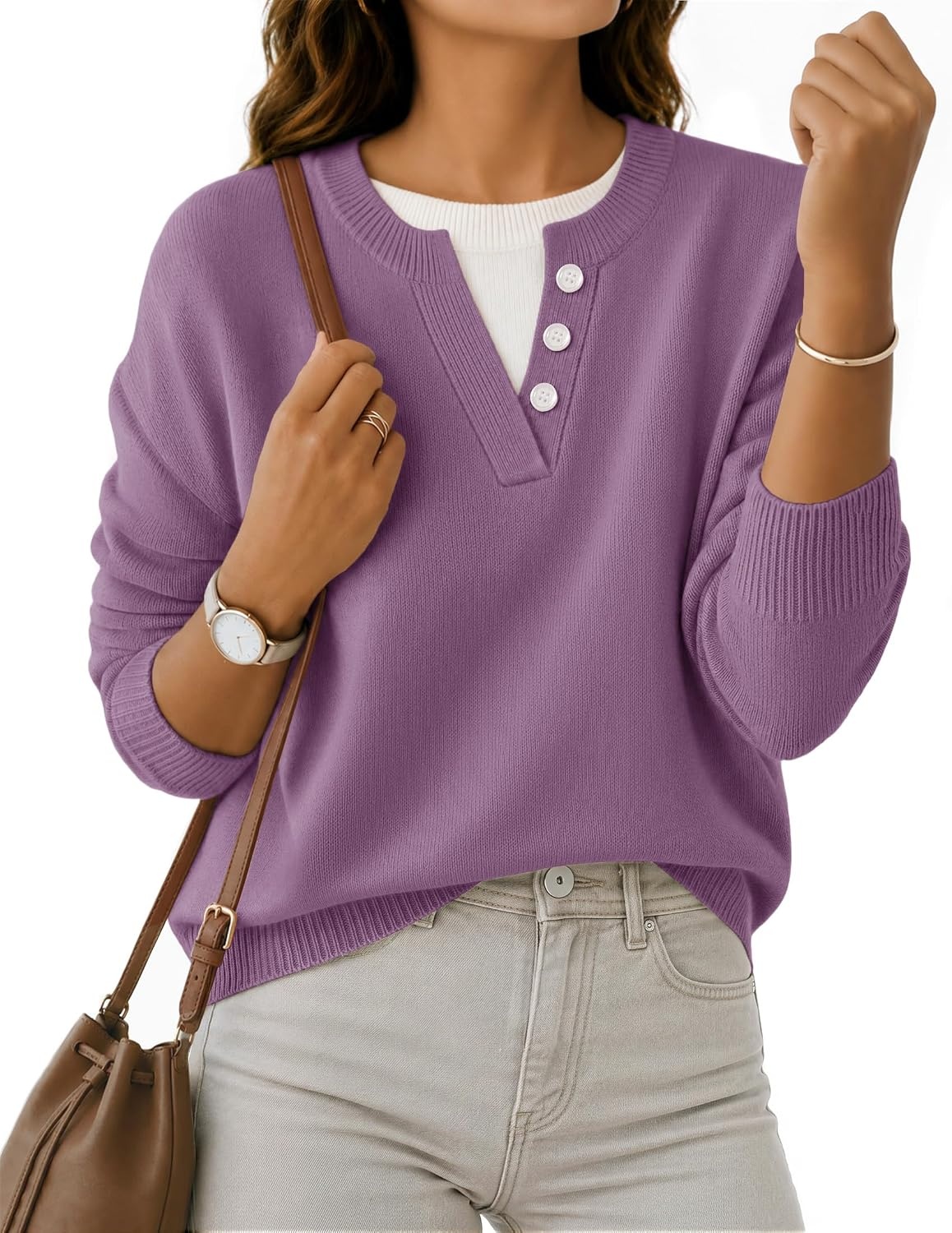 image:imageMEROKEETY Womens Fall Oversized Pullover Sweater Layered Neck Henley Tops Crew Neck Buttoned V Neck 2 in 1 2026 Winter Long Sleeves Color Block Soft Warm Ribbed Hem Stylish Trendy FashionPurple