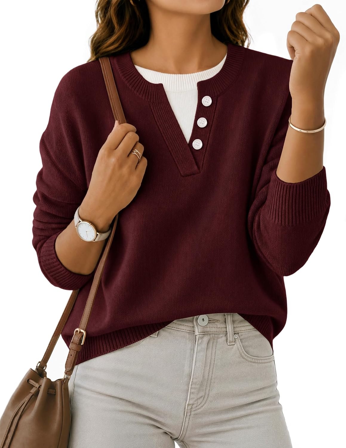 image:imageMEROKEETY Womens Fall Oversized Pullover Sweater Layered Neck Henley Tops Crew Neck Buttoned V Neck 2 in 1 2026 Winter Long Sleeves Color Block Soft Warm Ribbed Hem Stylish Trendy FashionBurgundy