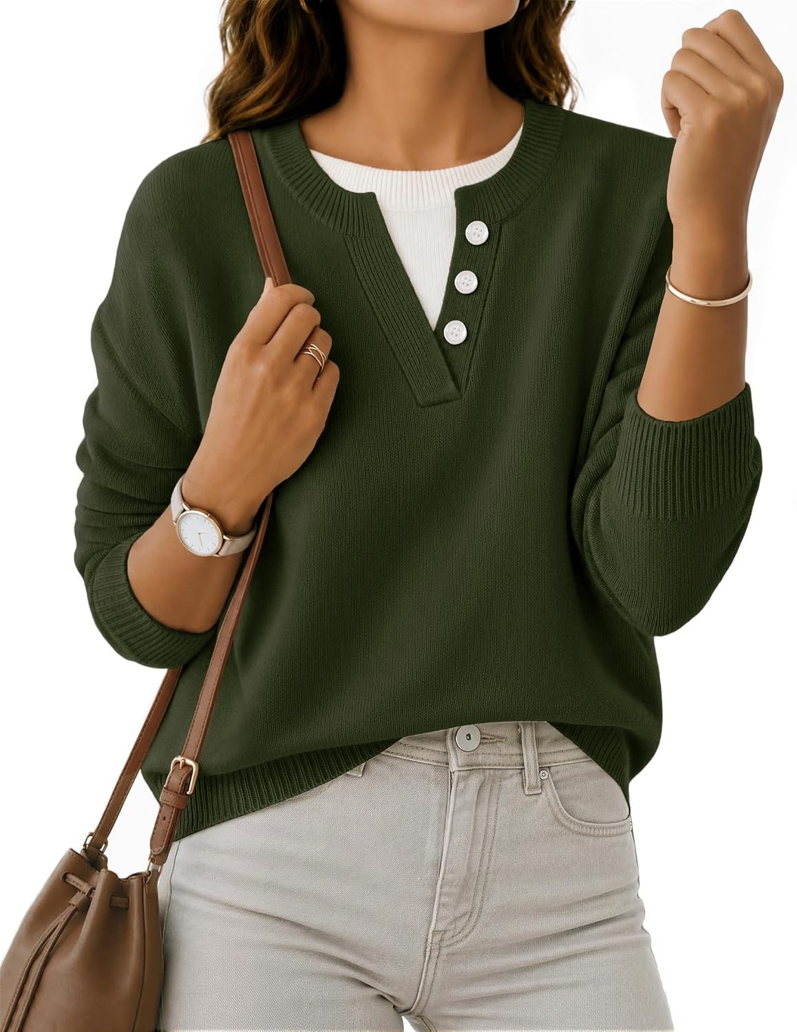 image:imageMEROKEETY Womens Fall Oversized Pullover Sweater Layered Neck Henley Tops Crew Neck Buttoned V Neck 2 in 1 2026 Winter Long Sleeves Color Block Soft Warm Ribbed Hem Stylish Trendy FashionArmygreen