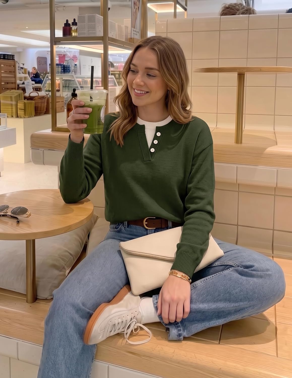 image:imageMEROKEETY Womens Fall Oversized Pullover Sweater Layered Neck Henley Tops Crew Neck Buttoned V Neck 2 in 1 2026 Winter Long Sleeves Color Block Soft Warm Ribbed Hem Stylish Trendy FashionArmygreen