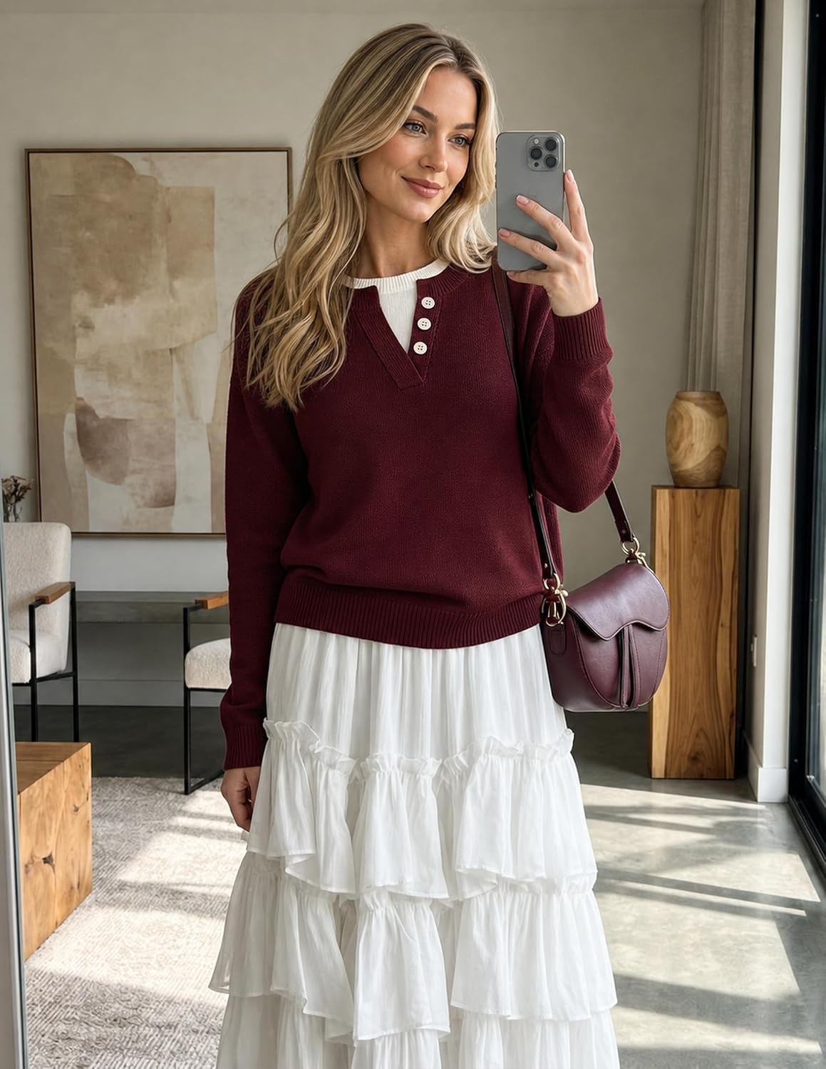 image:imageMEROKEETY Womens Fall Oversized Pullover Sweater Layered Neck Henley Tops Crew Neck Buttoned V Neck 2 in 1 2026 Winter Long Sleeves Color Block Soft Warm Ribbed Hem Stylish Trendy FashionBurgundy