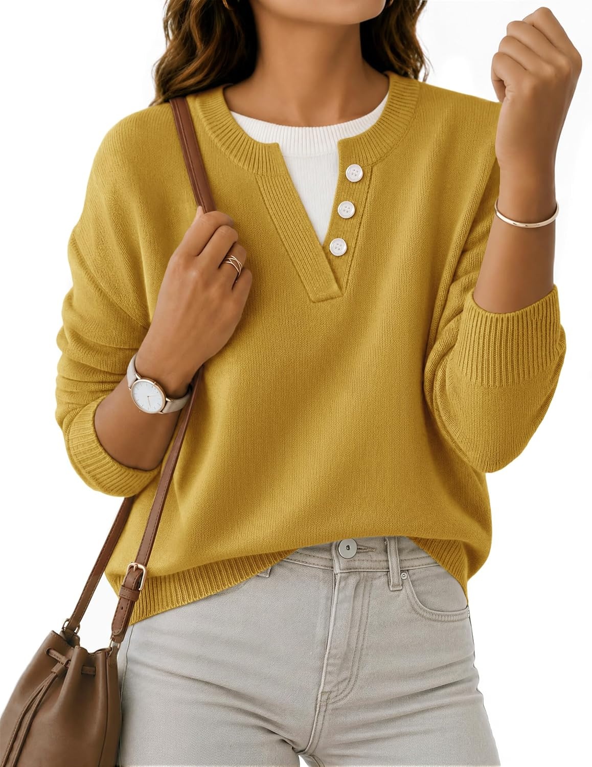 image:imageMEROKEETY Womens Fall Oversized Pullover Sweater Layered Neck Henley Tops Crew Neck Buttoned V Neck 2 in 1 2026 Winter Long Sleeves Color Block Soft Warm Ribbed Hem Stylish Trendy FashionTurmeric