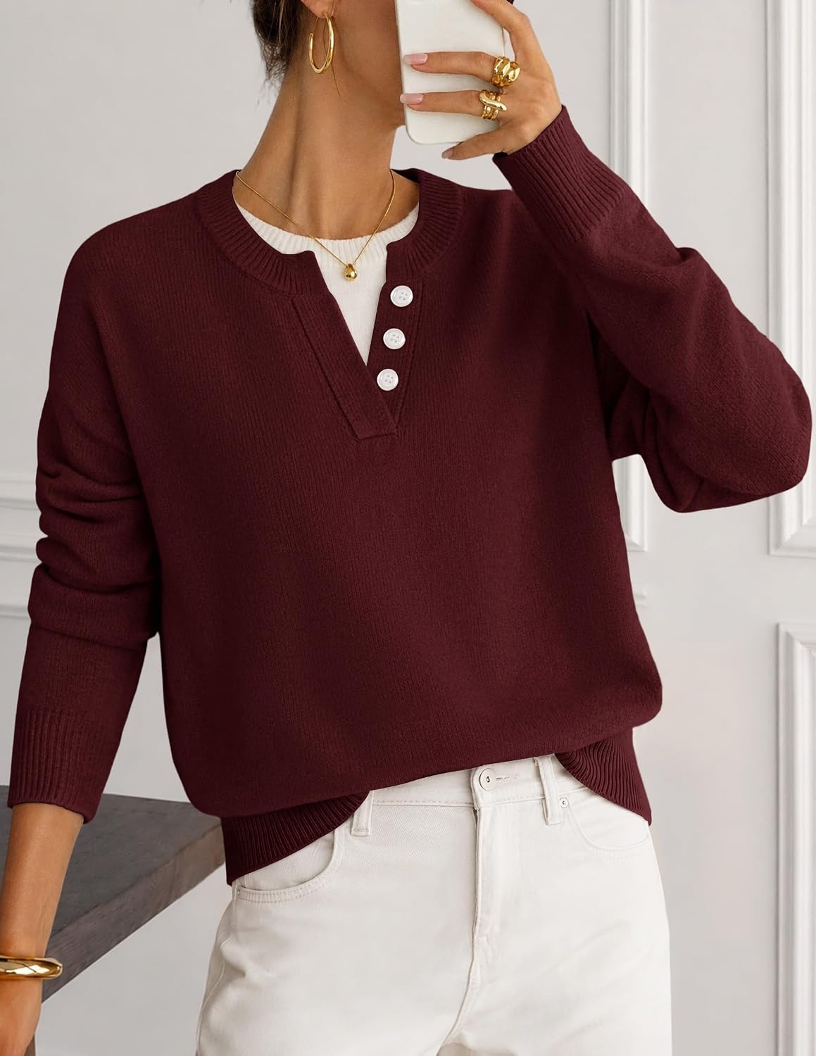 image:imageMEROKEETY Womens Fall Oversized Pullover Sweater Layered Neck Henley Tops Crew Neck Buttoned V Neck 2 in 1 2026 Winter Long Sleeves Color Block Soft Warm Ribbed Hem Stylish Trendy FashionBurgundy