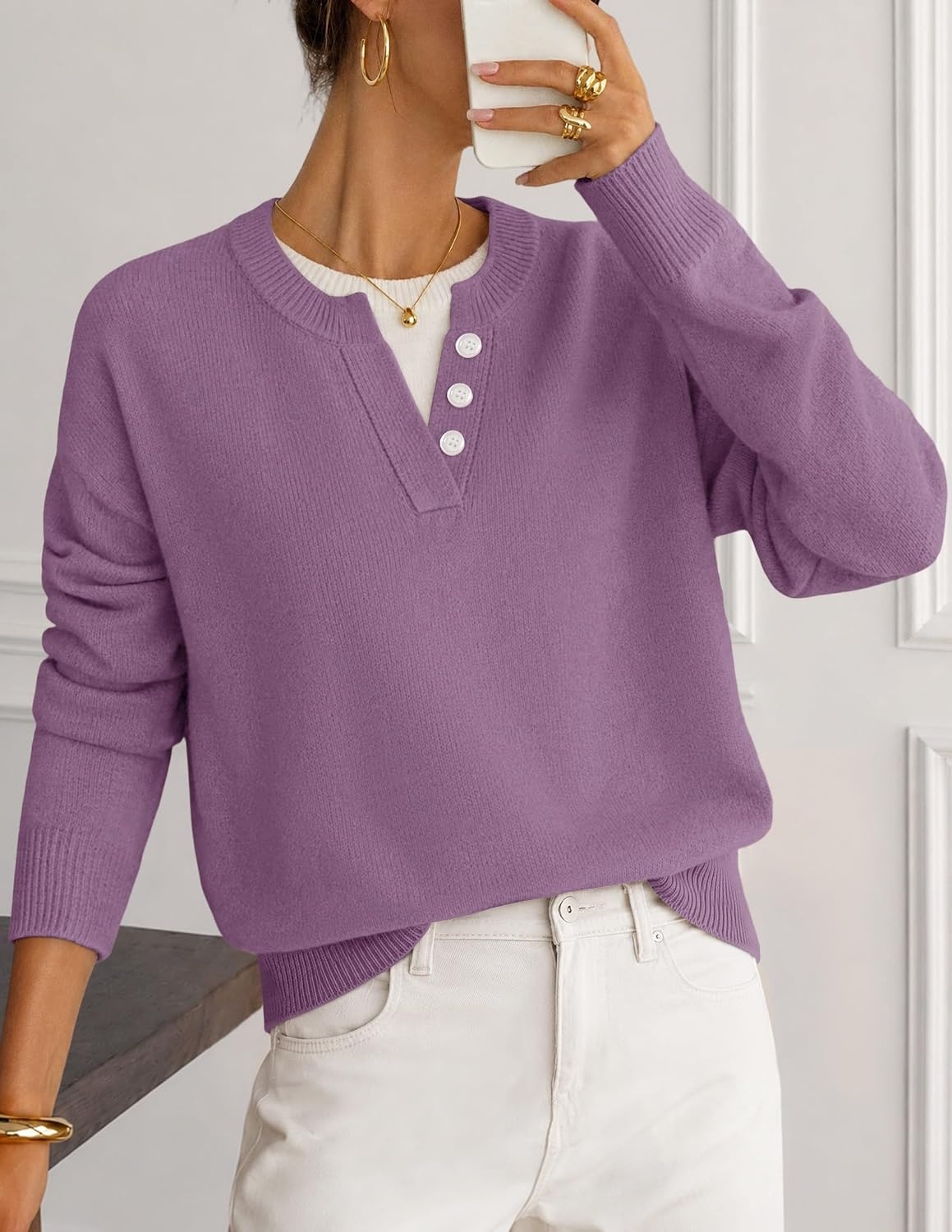 image:imageMEROKEETY Womens Fall Oversized Pullover Sweater Layered Neck Henley Tops Crew Neck Buttoned V Neck 2 in 1 2026 Winter Long Sleeves Color Block Soft Warm Ribbed Hem Stylish Trendy FashionPurple