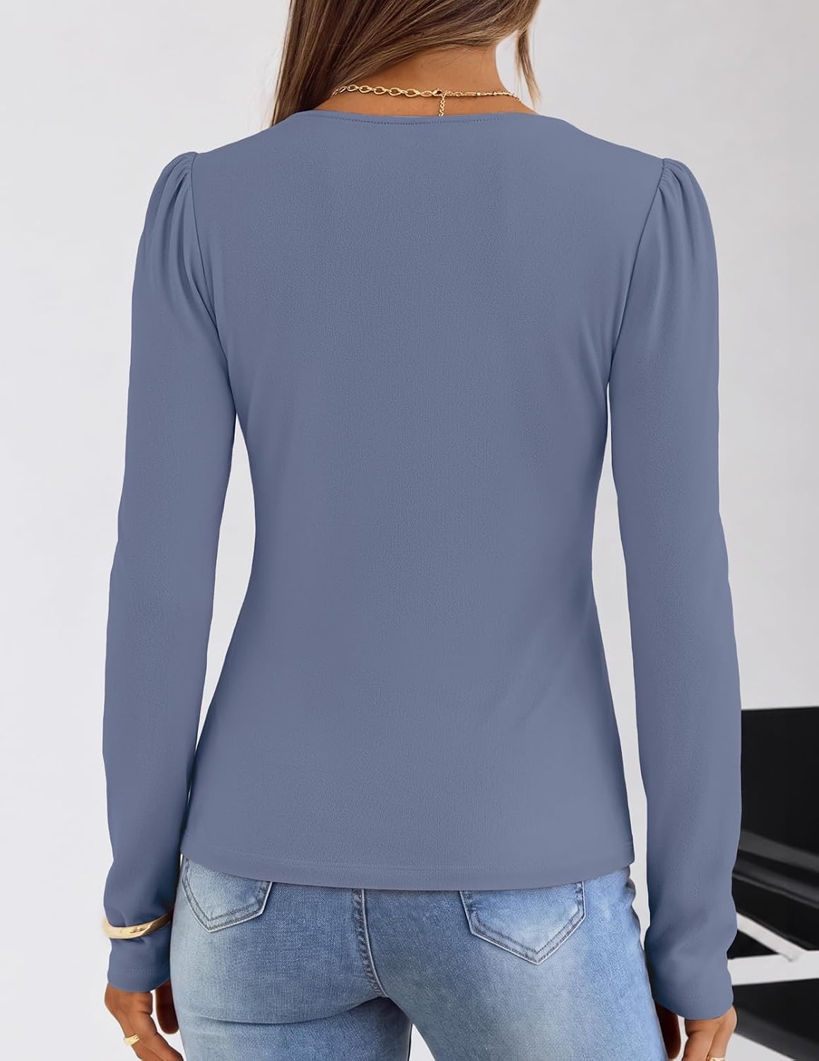 image:imageMEROKEETY Womens Fall Puff Long Sleeve Business Casual Work Tops Scalloped V Neck Work TShirt Cute Trendy Dressy Casual Ribbed Knit Fitted Blouse 2026 Fall Winter ClothesDusty Blue