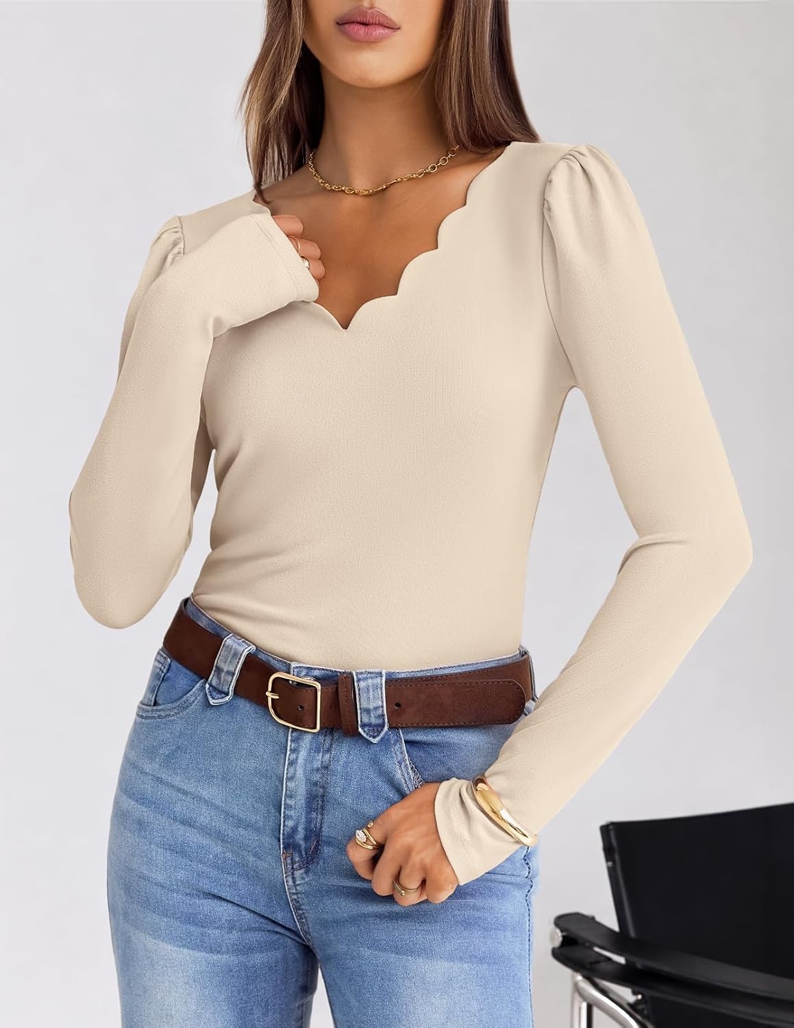 image:imageMEROKEETY Womens Fall Puff Long Sleeve Business Casual Work Tops Scalloped V Neck Work TShirt Cute Trendy Dressy Casual Ribbed Knit Fitted Blouse 2026 Fall Winter ClothesApricot