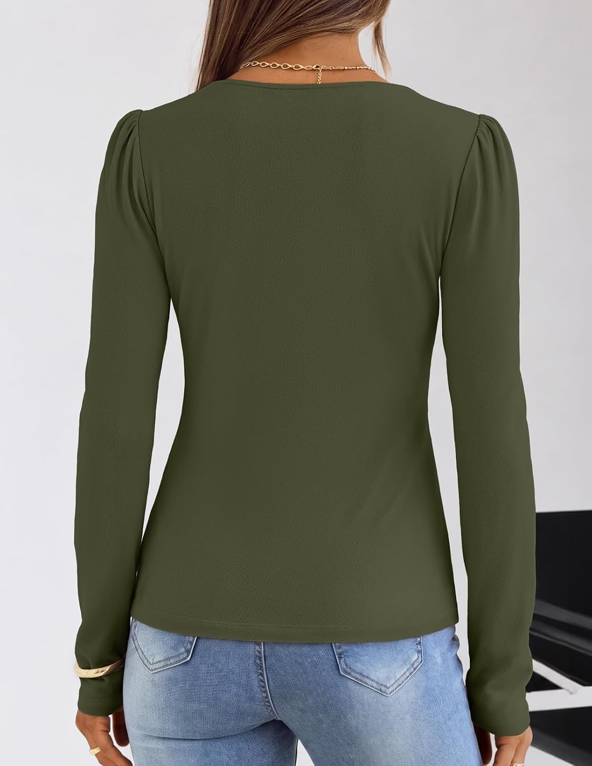 image:imageMEROKEETY Womens Fall Puff Long Sleeve Business Casual Work Tops Scalloped V Neck Work TShirt Cute Trendy Dressy Casual Ribbed Knit Fitted Blouse 2026 Fall Winter ClothesArmy