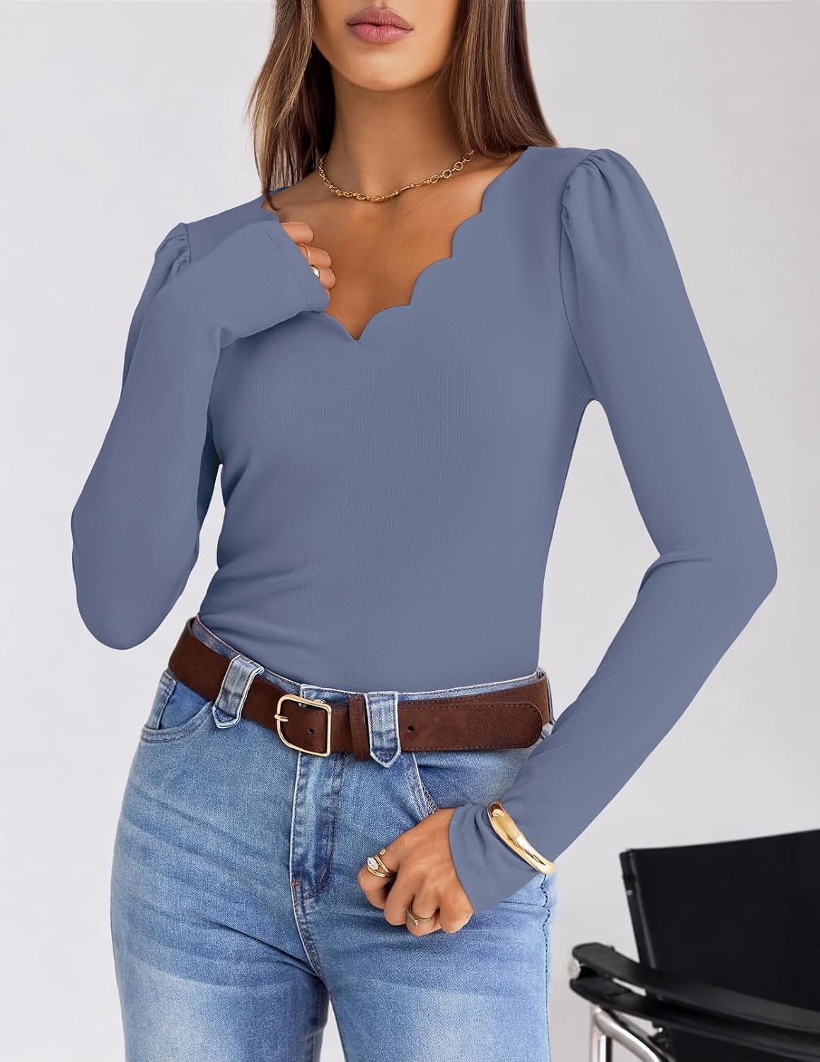 image:imageMEROKEETY Womens Fall Puff Long Sleeve Business Casual Work Tops Scalloped V Neck Work TShirt Cute Trendy Dressy Casual Ribbed Knit Fitted Blouse 2026 Fall Winter ClothesDusty Blue