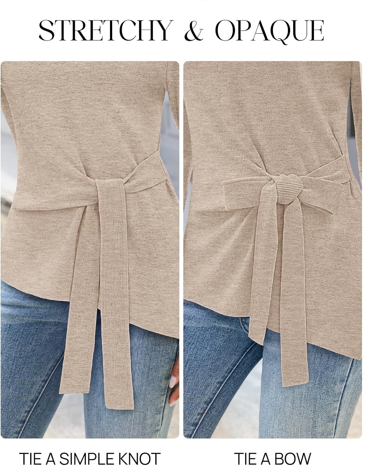 image:imageMEROKEETY Womens Fall Tie Front Ruched Long Sleeve Sweaters Lightweight Pullover Boat Neck Ribbed Knit Side Slit Trendy Asymmetrical Knot Tops Business Casual Teacher Outfits 2026Oatmeal
