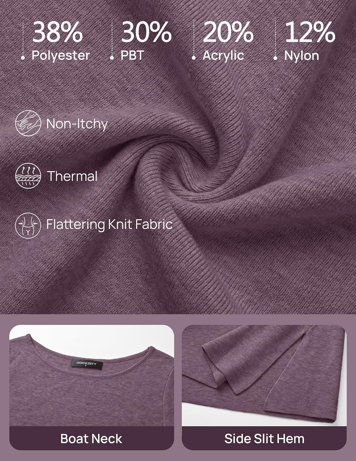 image:imageMEROKEETY Womens Fall Tie Front Ruched Long Sleeve Sweaters Lightweight Pullover Boat Neck Ribbed Knit Side Slit Trendy Asymmetrical Knot Tops Business Casual Teacher Outfits 2026Purple