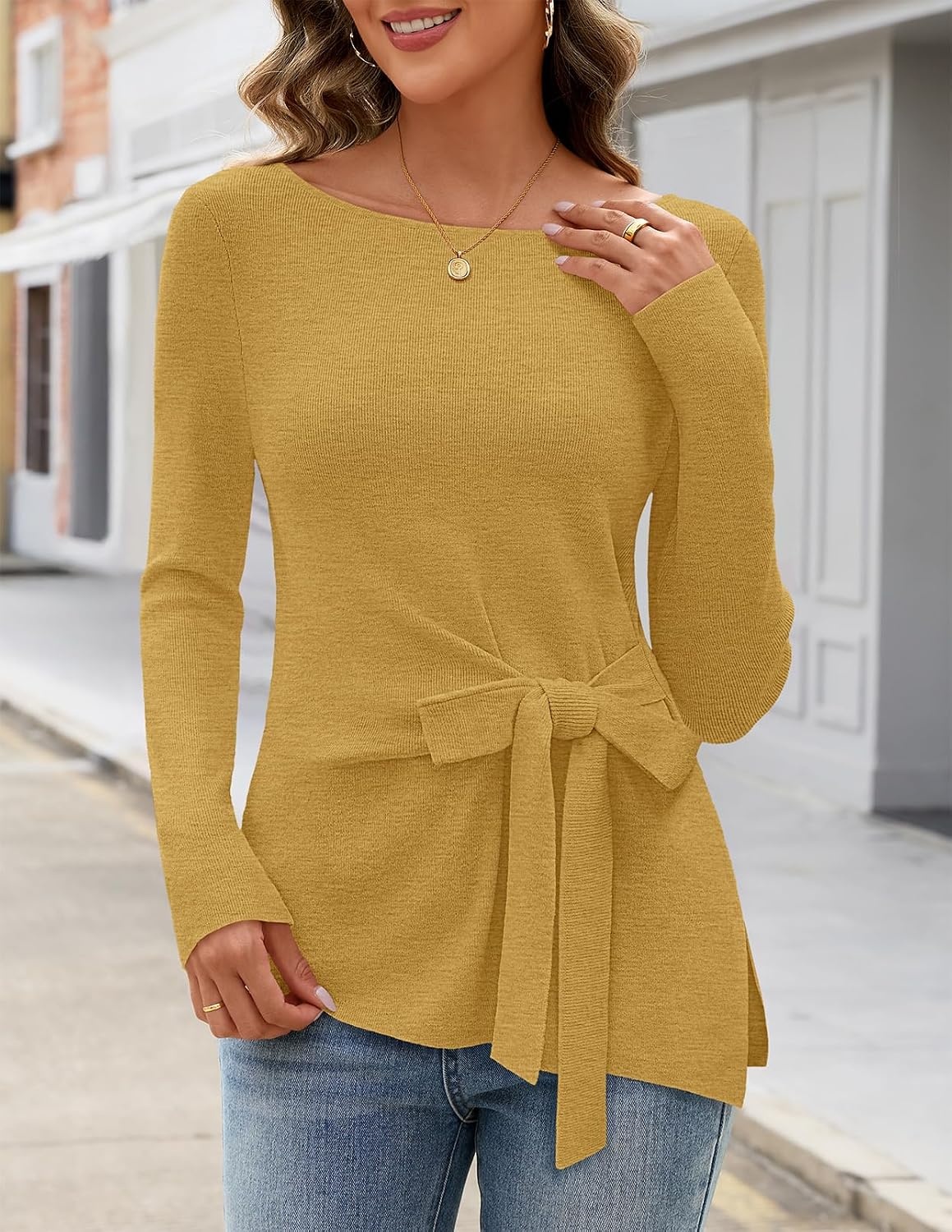 image:imageMEROKEETY Womens Fall Tie Front Ruched Long Sleeve Sweaters Lightweight Pullover Boat Neck Ribbed Knit Side Slit Trendy Asymmetrical Knot Tops Business Casual Teacher Outfits 2026Turmeric