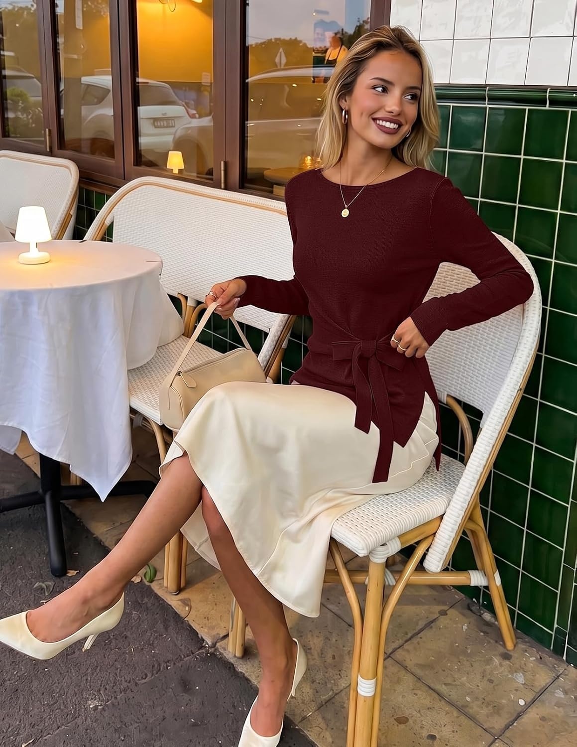 image:imageMEROKEETY Womens Fall Tie Front Ruched Long Sleeve Sweaters Lightweight Pullover Boat Neck Ribbed Knit Side Slit Trendy Asymmetrical Knot Tops Business Casual Teacher Outfits 2026Burgundy