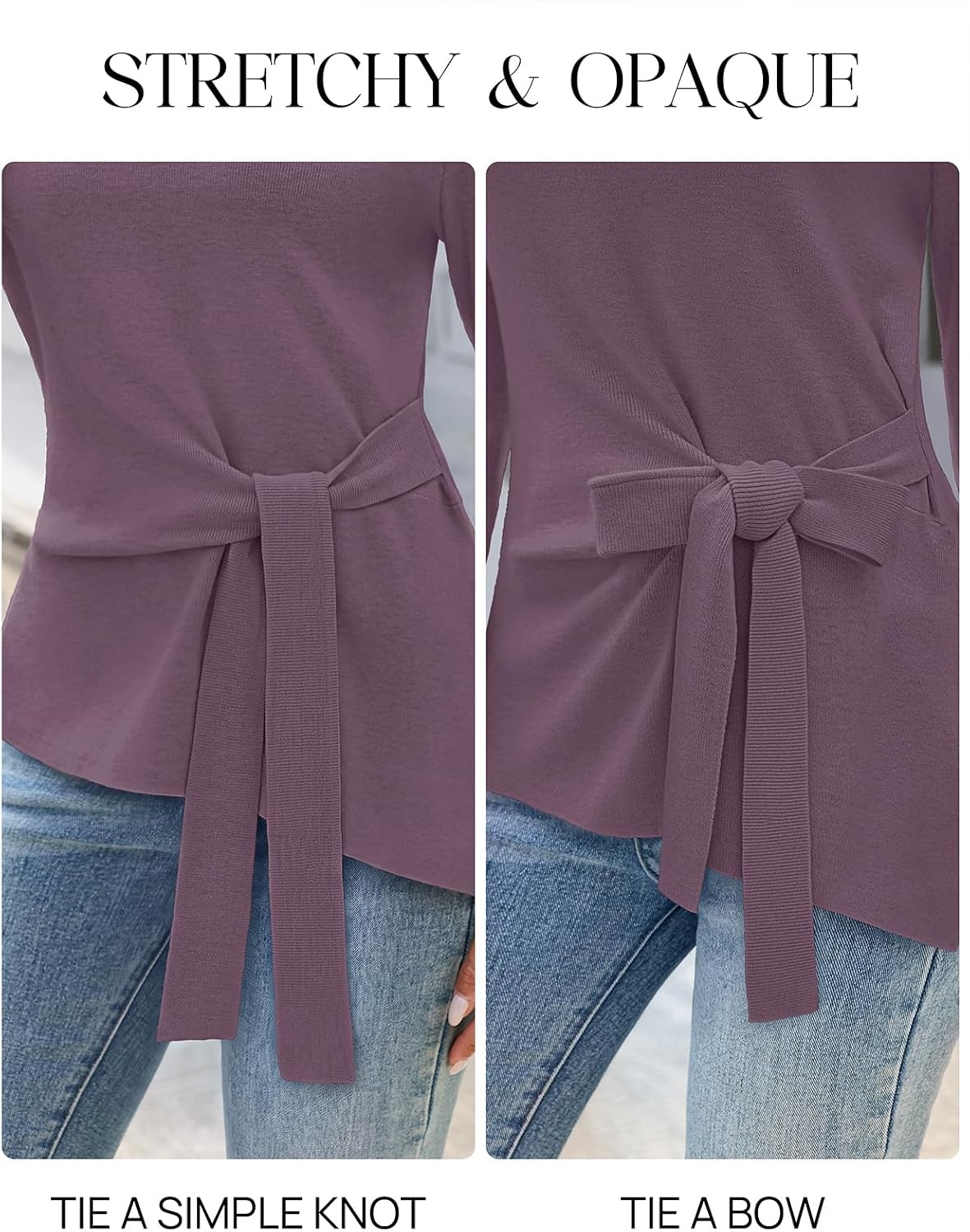 image:imageMEROKEETY Womens Fall Tie Front Ruched Long Sleeve Sweaters Lightweight Pullover Boat Neck Ribbed Knit Side Slit Trendy Asymmetrical Knot Tops Business Casual Teacher Outfits 2026Purple