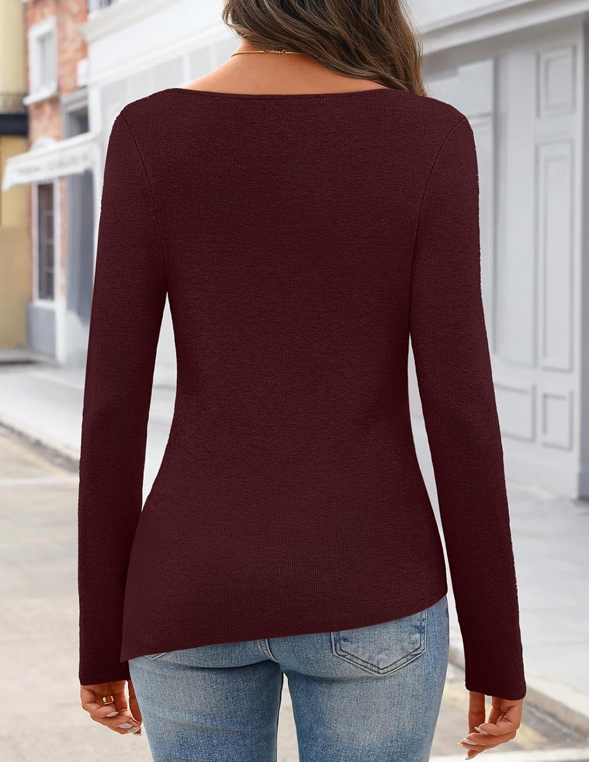 image:imageMEROKEETY Womens Fall Tie Front Ruched Long Sleeve Sweaters Lightweight Pullover Boat Neck Ribbed Knit Side Slit Trendy Asymmetrical Knot Tops Business Casual Teacher Outfits 2026Burgundy