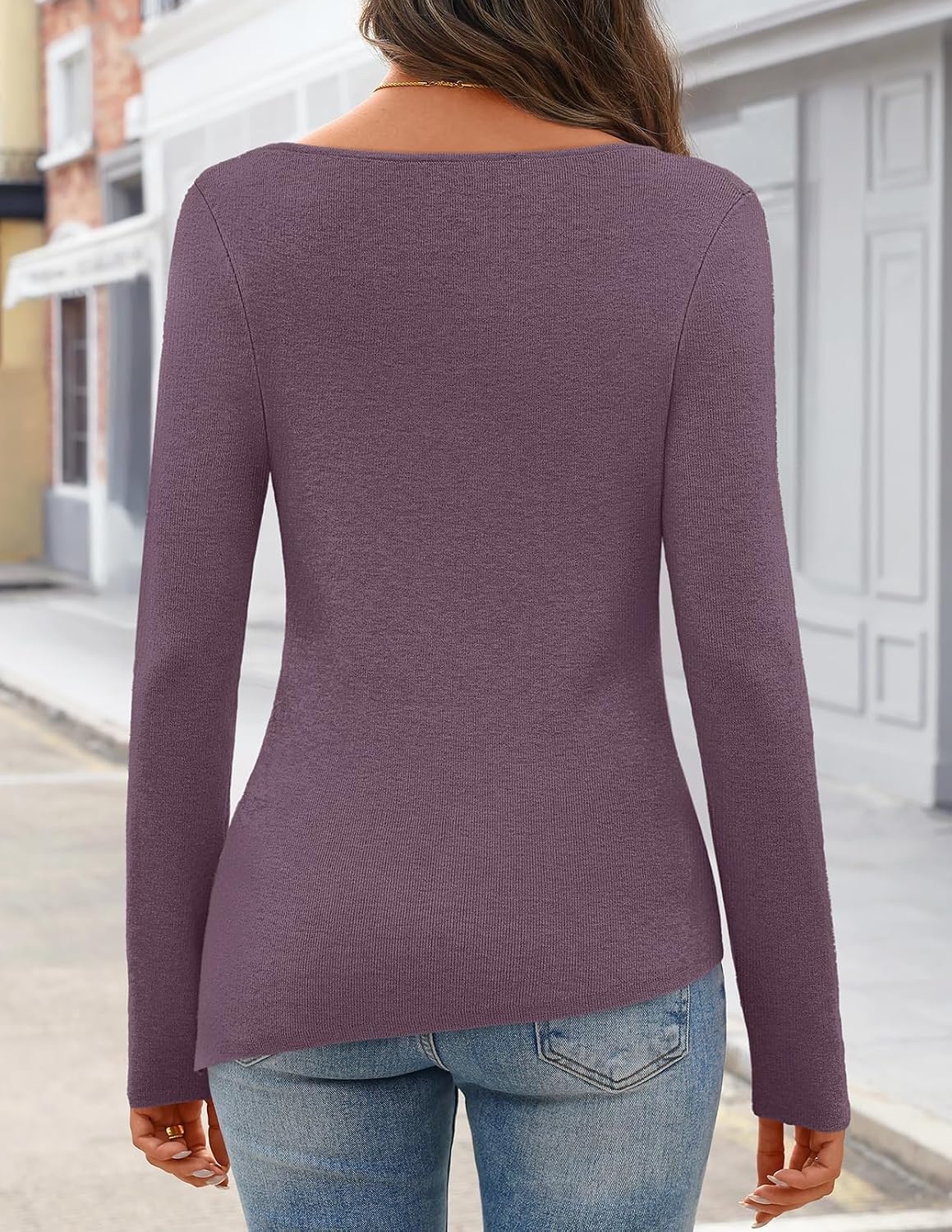 image:imageMEROKEETY Womens Fall Tie Front Ruched Long Sleeve Sweaters Lightweight Pullover Boat Neck Ribbed Knit Side Slit Trendy Asymmetrical Knot Tops Business Casual Teacher Outfits 2026Purple