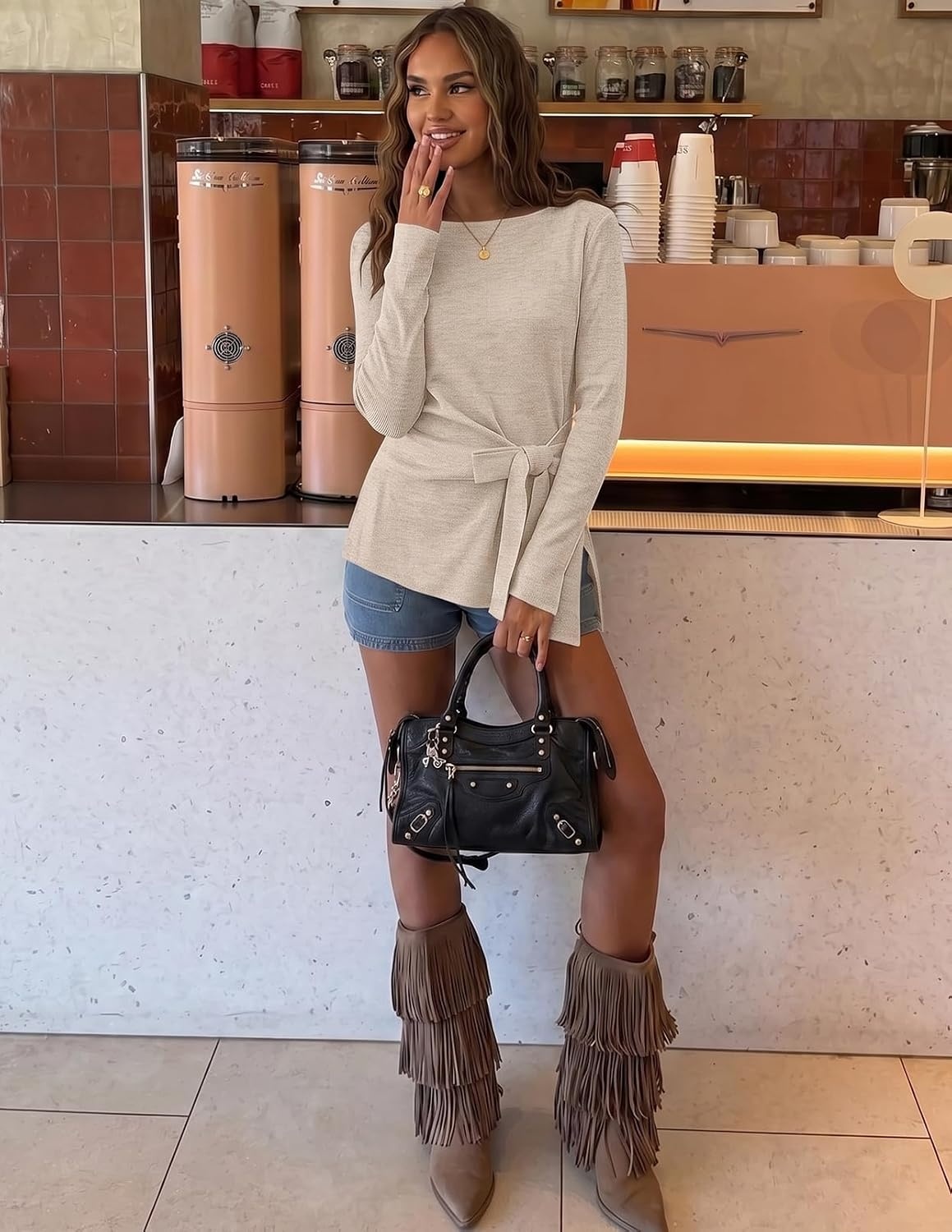 image:imageMEROKEETY Womens Fall Tie Front Ruched Long Sleeve Sweaters Lightweight Pullover Boat Neck Ribbed Knit Side Slit Trendy Asymmetrical Knot Tops Business Casual Teacher Outfits 2026Oatmeal