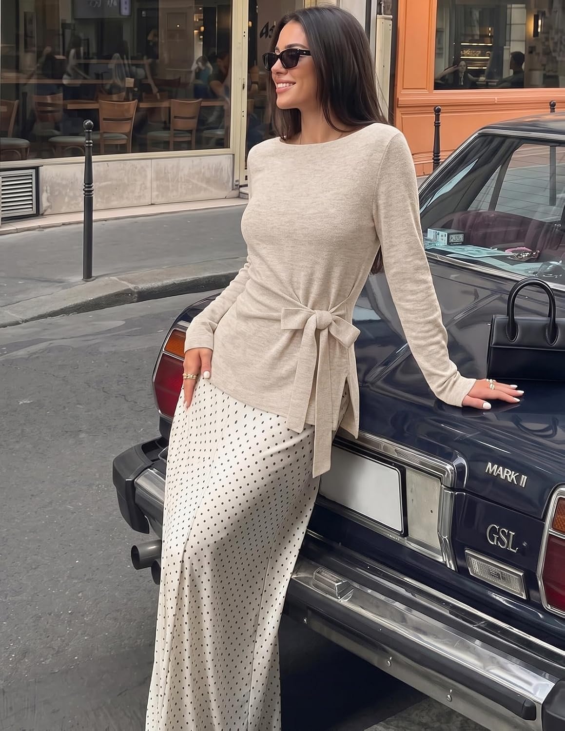 image:imageMEROKEETY Womens Fall Tie Front Ruched Long Sleeve Sweaters Lightweight Pullover Boat Neck Ribbed Knit Side Slit Trendy Asymmetrical Knot Tops Business Casual Teacher Outfits 2026Oatmeal