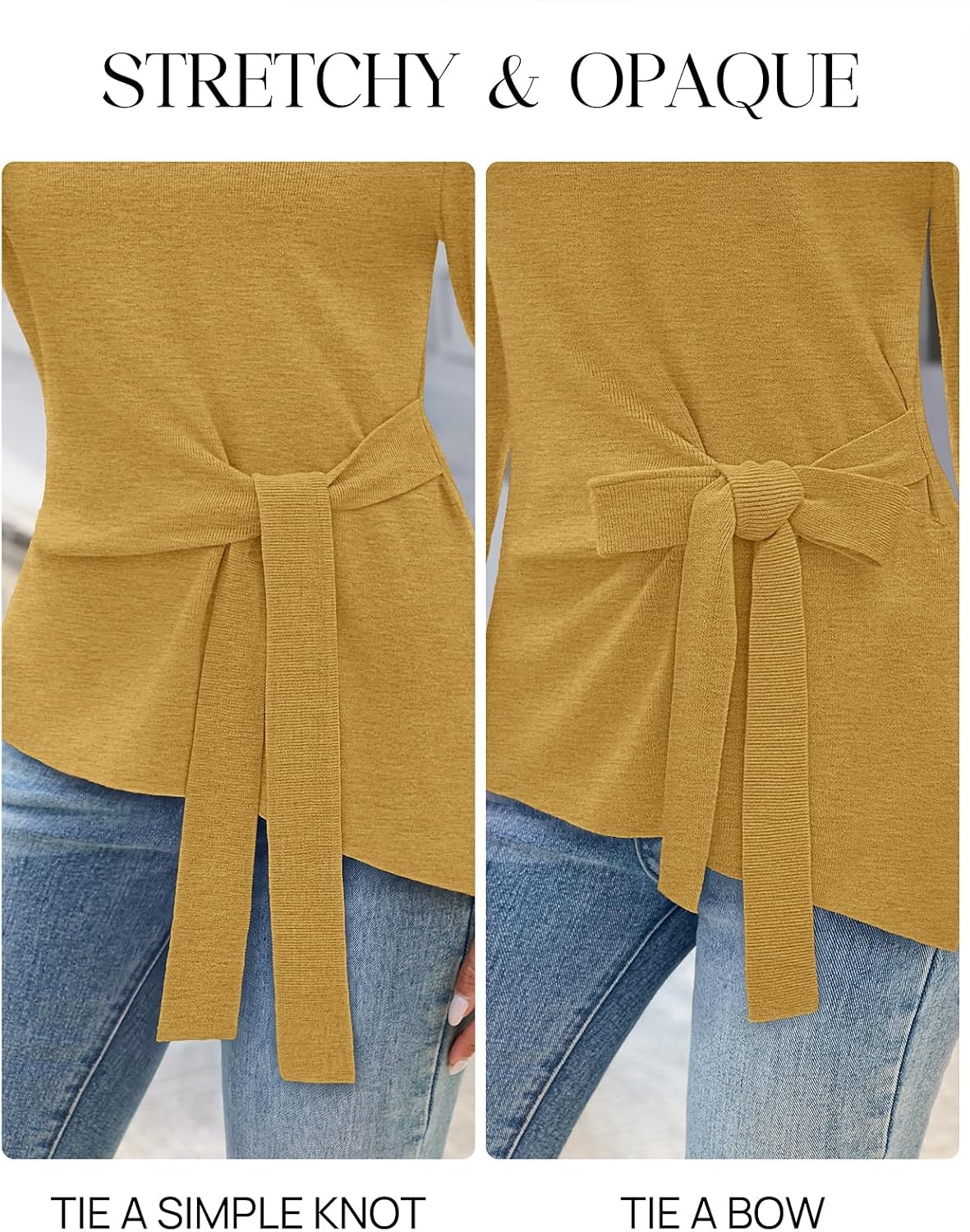 image:imageMEROKEETY Womens Fall Tie Front Ruched Long Sleeve Sweaters Lightweight Pullover Boat Neck Ribbed Knit Side Slit Trendy Asymmetrical Knot Tops Business Casual Teacher Outfits 2026Turmeric